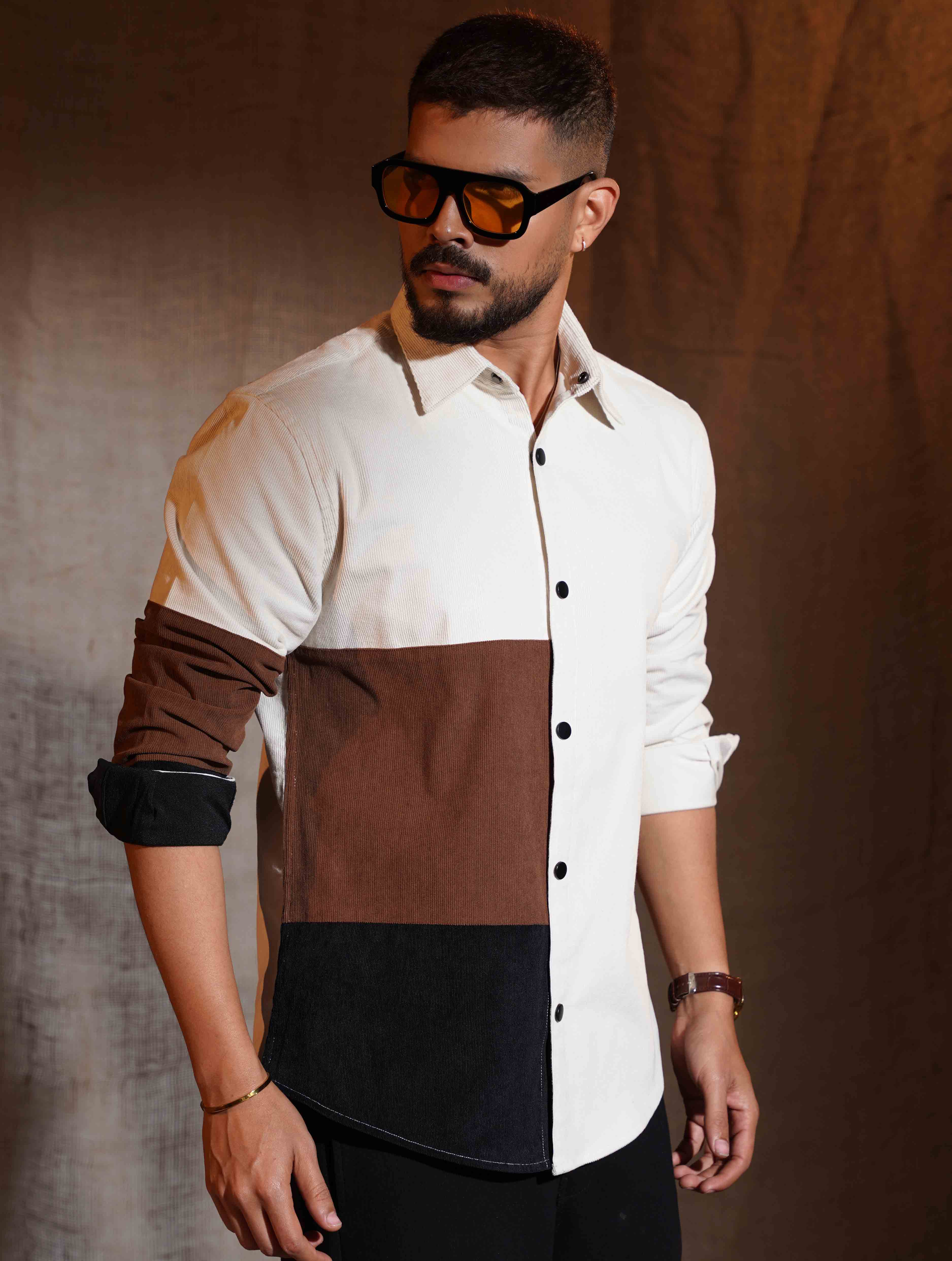 Cream Black Brown Hand Contrast Premium Cord Shirt