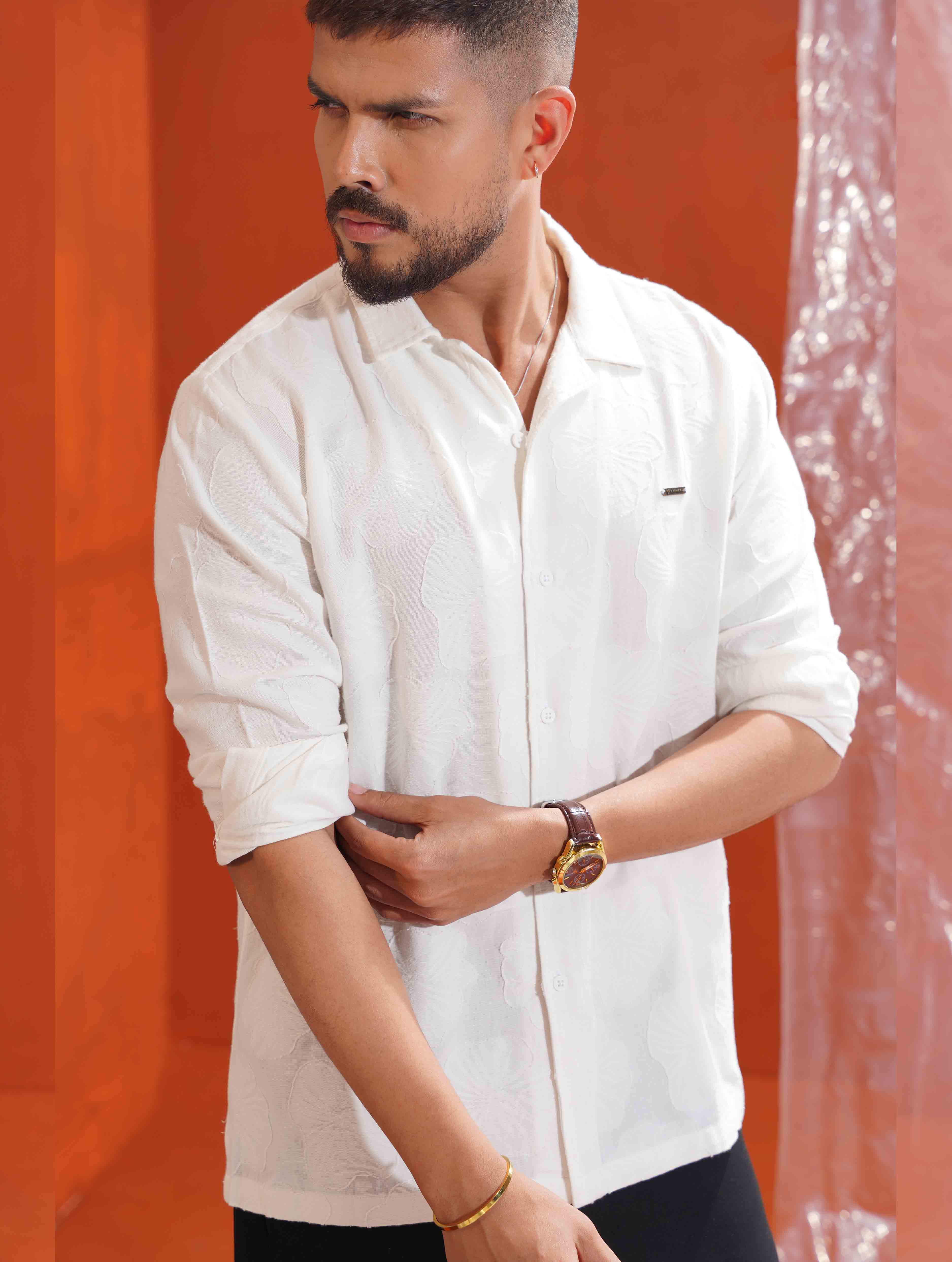 Pearl White Floral Texture Premium Havana Full sleeve Shirt