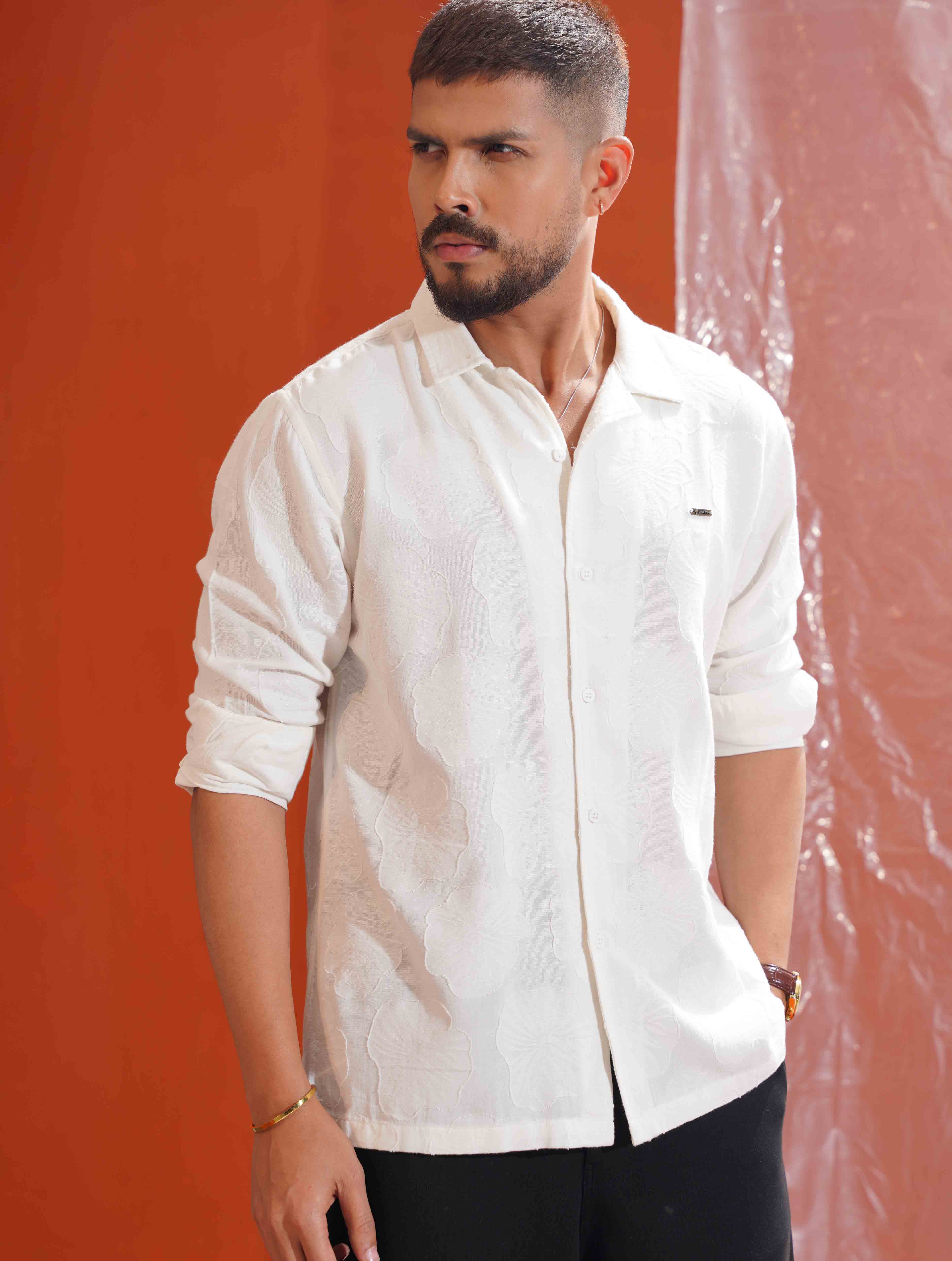 Pearl White Floral Texture Premium Havana Full sleeve Shirt