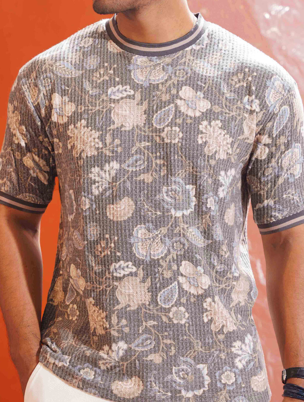 Gray Flower Printed Drop Shoulder T-shirt