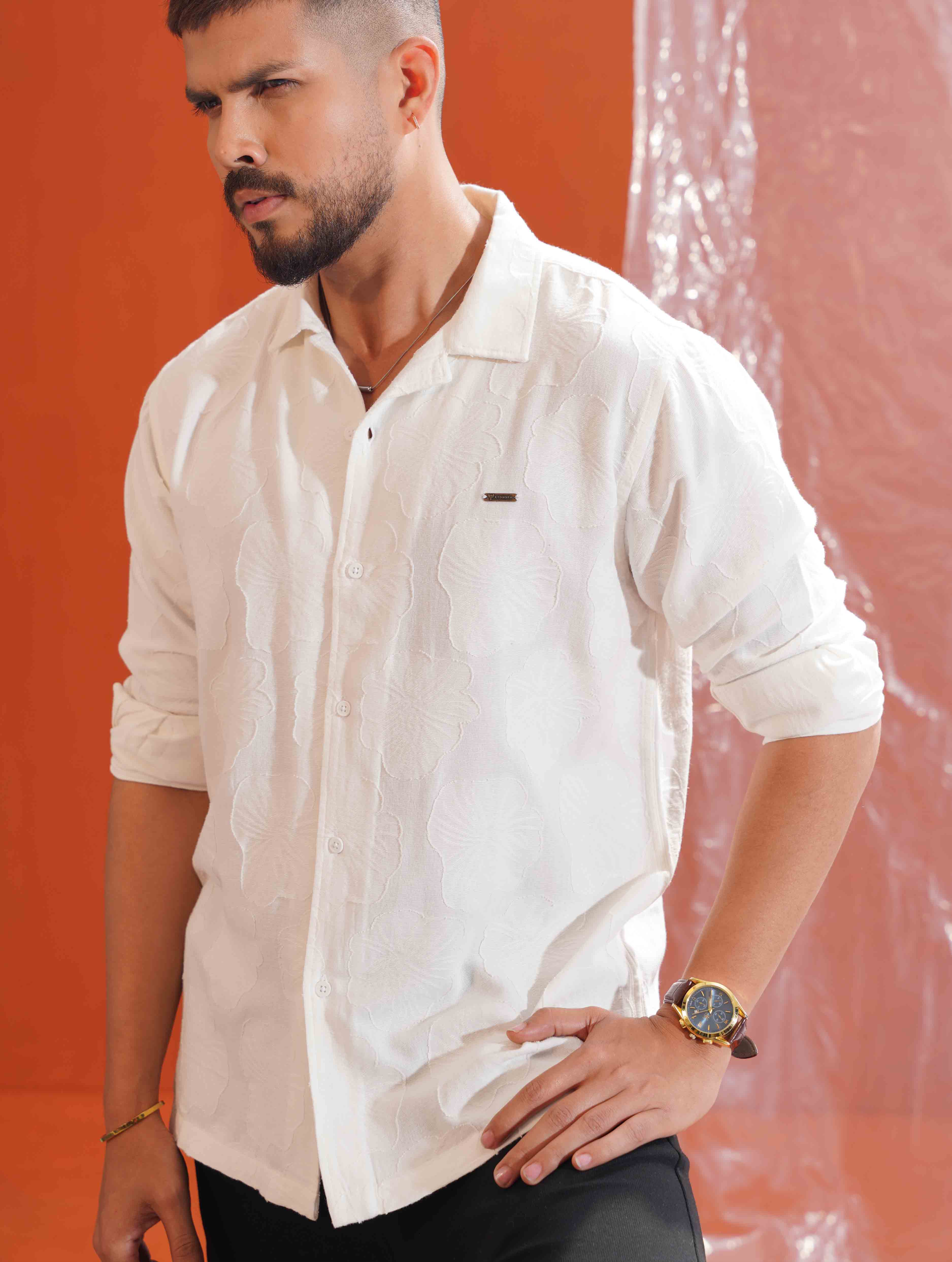 Pearl White Floral Texture Premium Havana Full sleeve Shirt