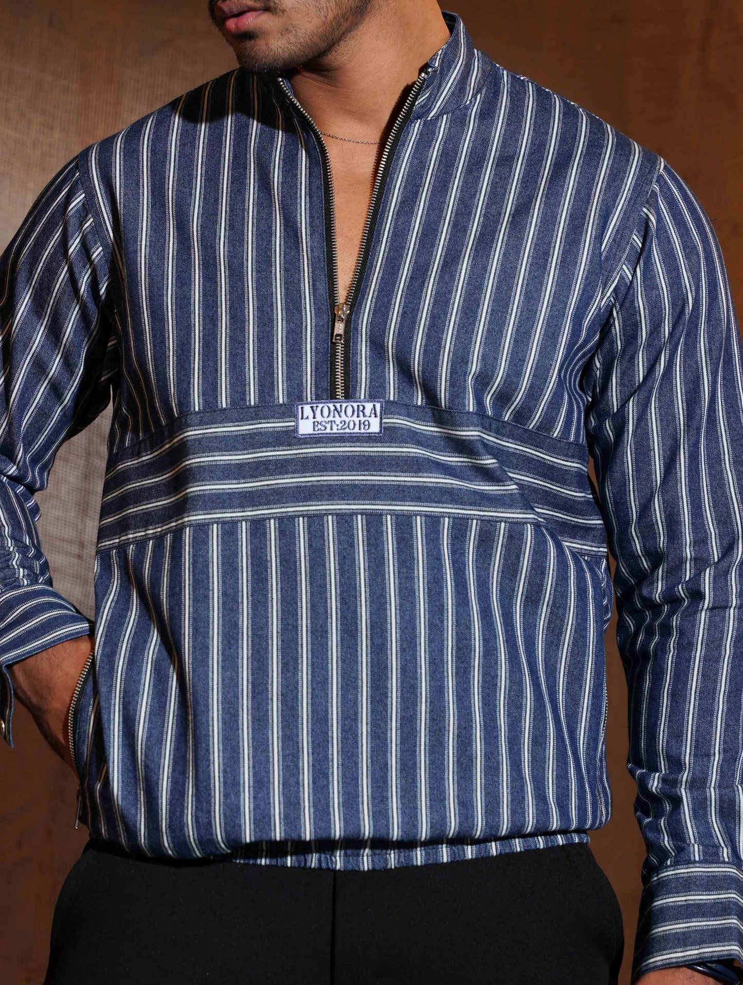 Blue white Thin stripe half zipper jacket