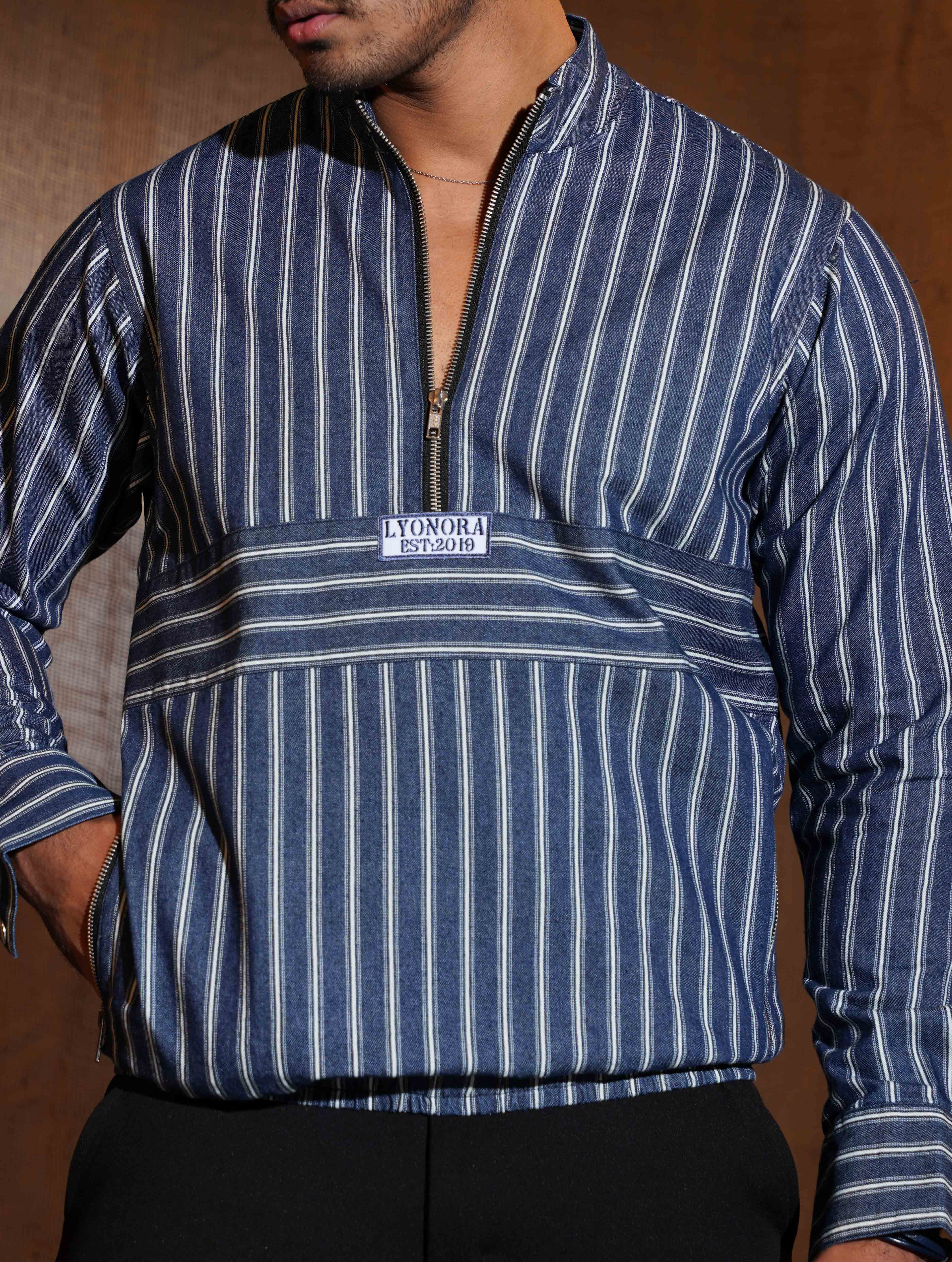 Blue white Thin stripe half zipper jacket