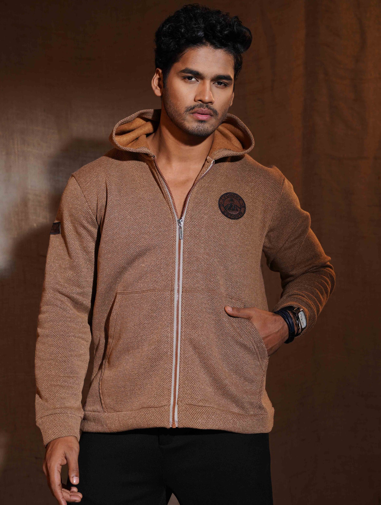 Bronze Orange Jacquard Knit Zipper Hoodie