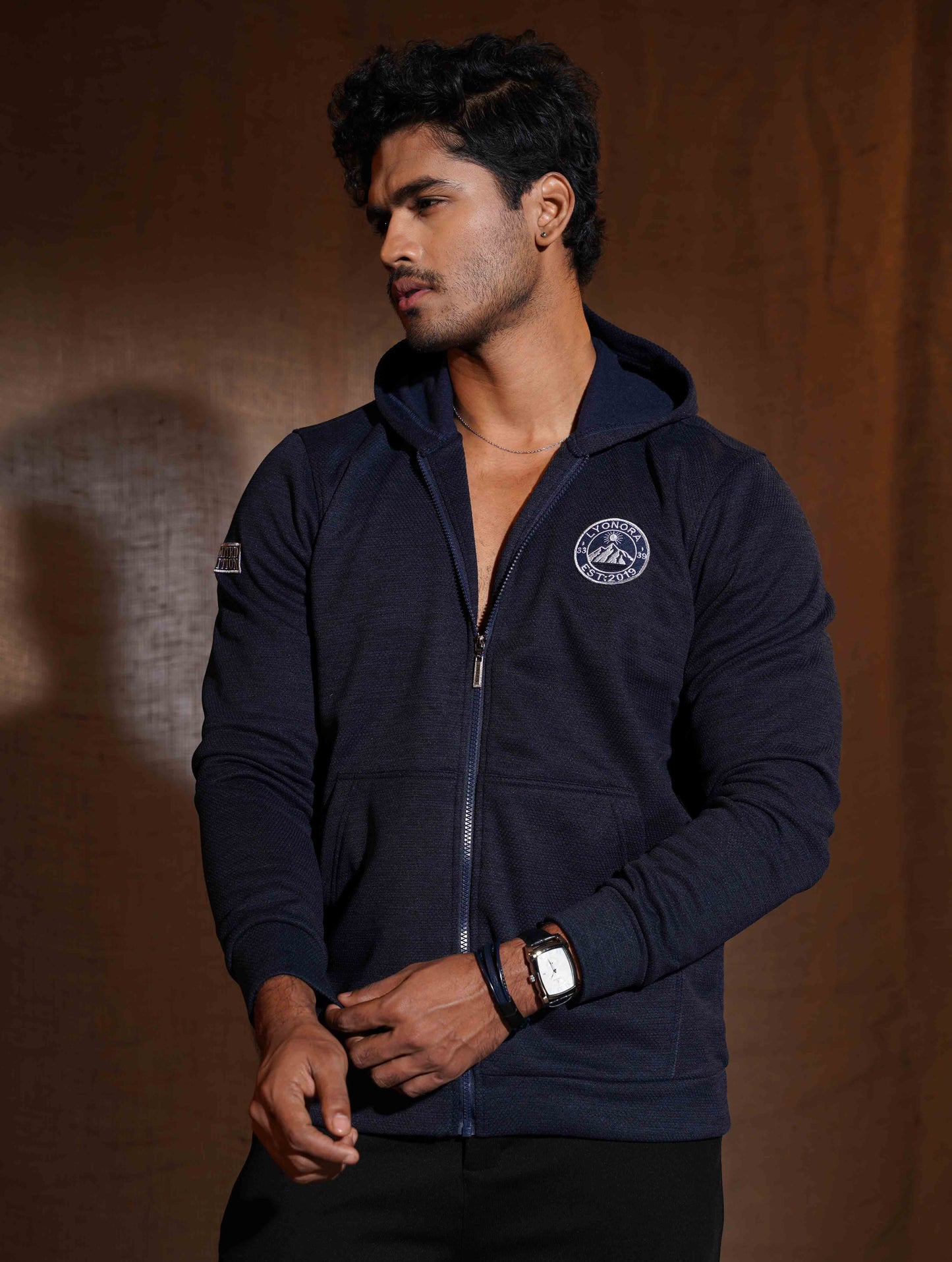 Deep Blue Jacquard Knit Zipper Hoodie