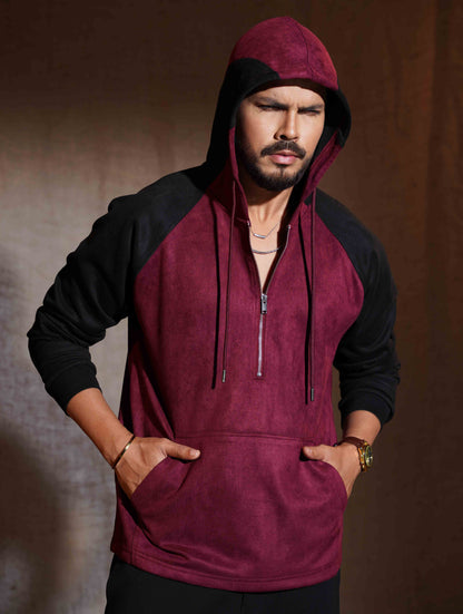 Valentine Red - Black Suede Leather Zipper Hoodie