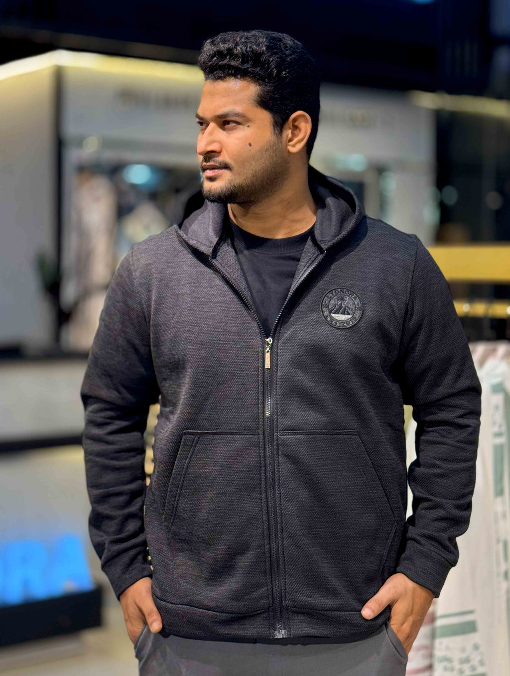 Coal Black Jacquard Knit Zipper Hoodie