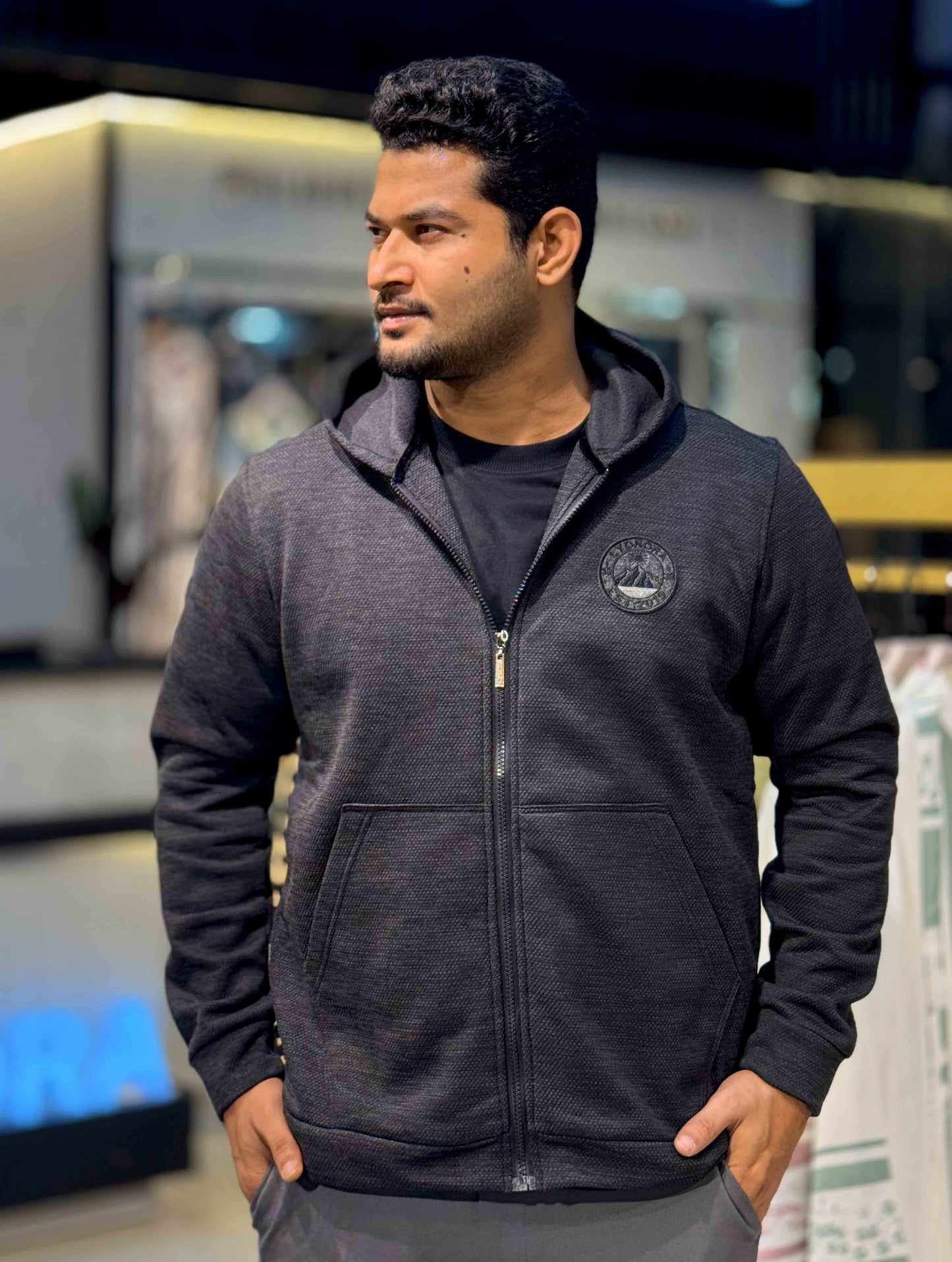 Coal Black Jacquard Knit Zipper Hoodie