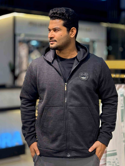 Coal Black Jacquard Knit Zipper Hoodie