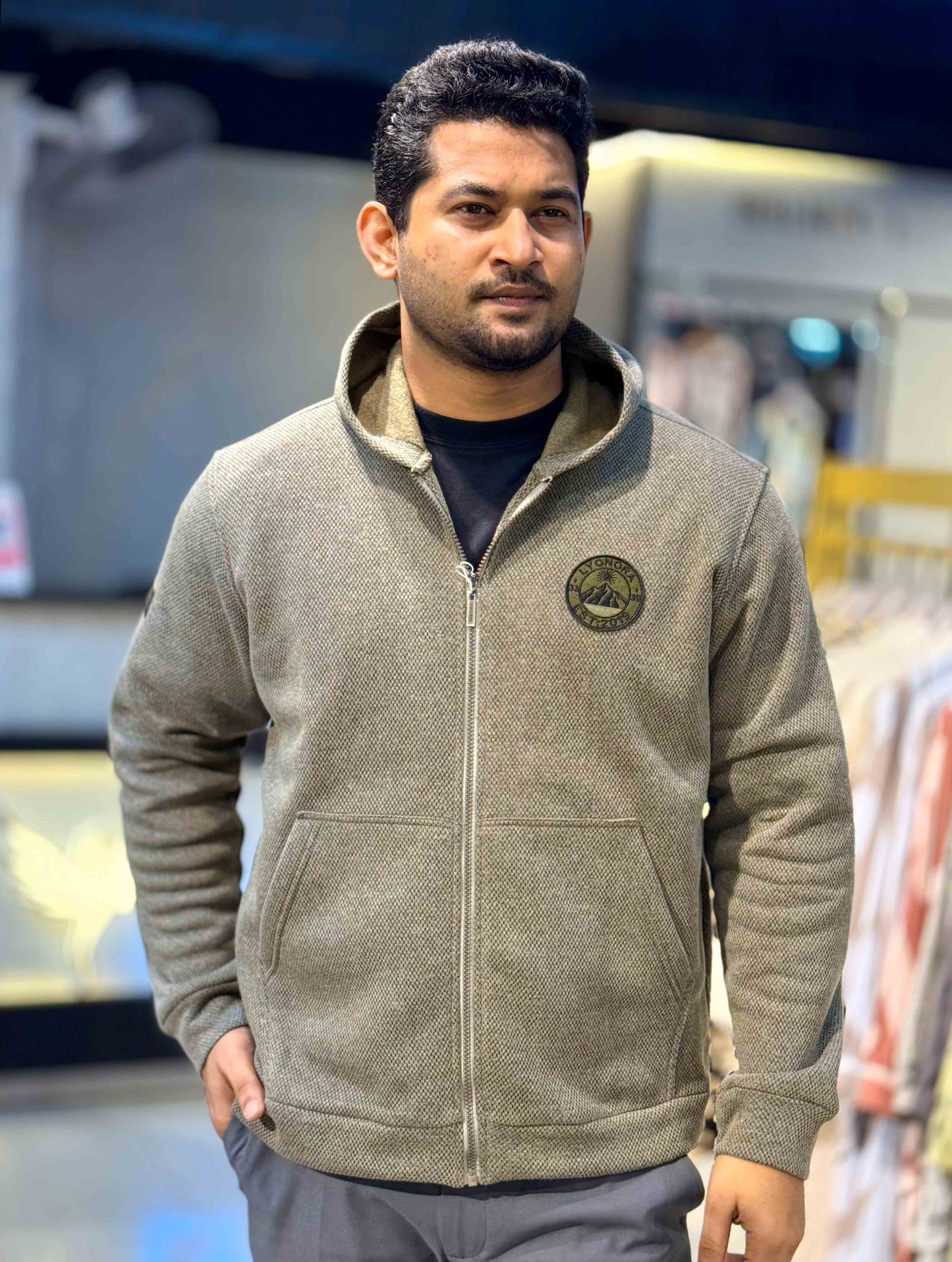 Faded Olive Jacquard Knit Zipper Hoodie