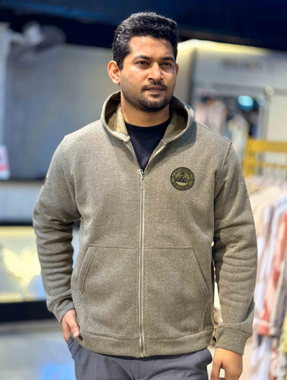 Faded Olive Jacquard Knit Zipper Hoodie