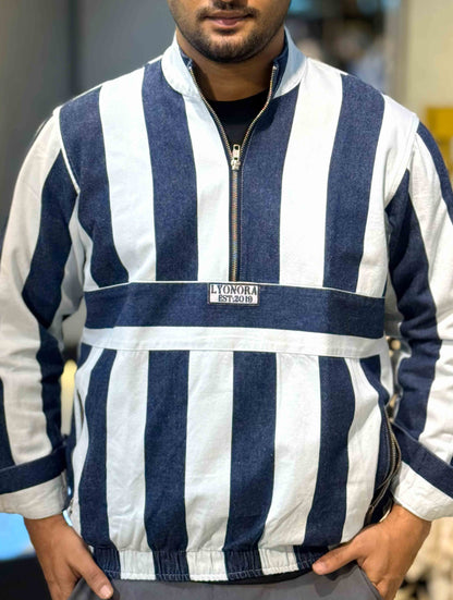 Faded White Blue stripe half zipper jacket
