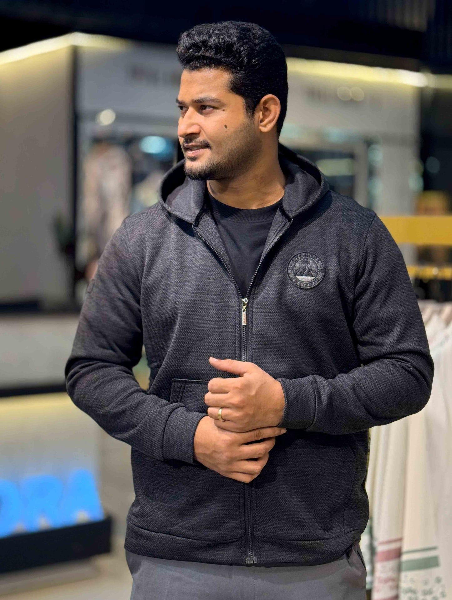 Coal Black Jacquard Knit Zipper Hoodie