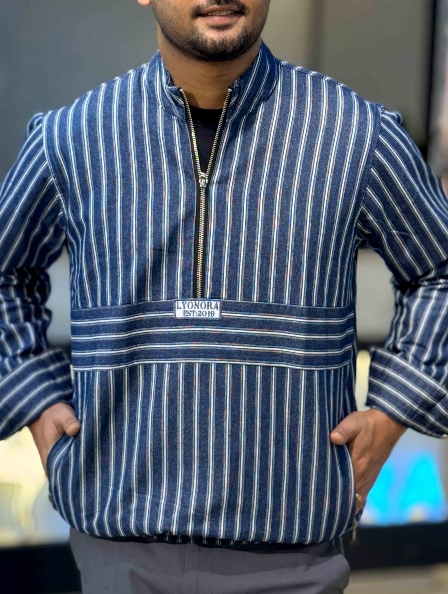 Blue white Thin stripe half zipper jacket