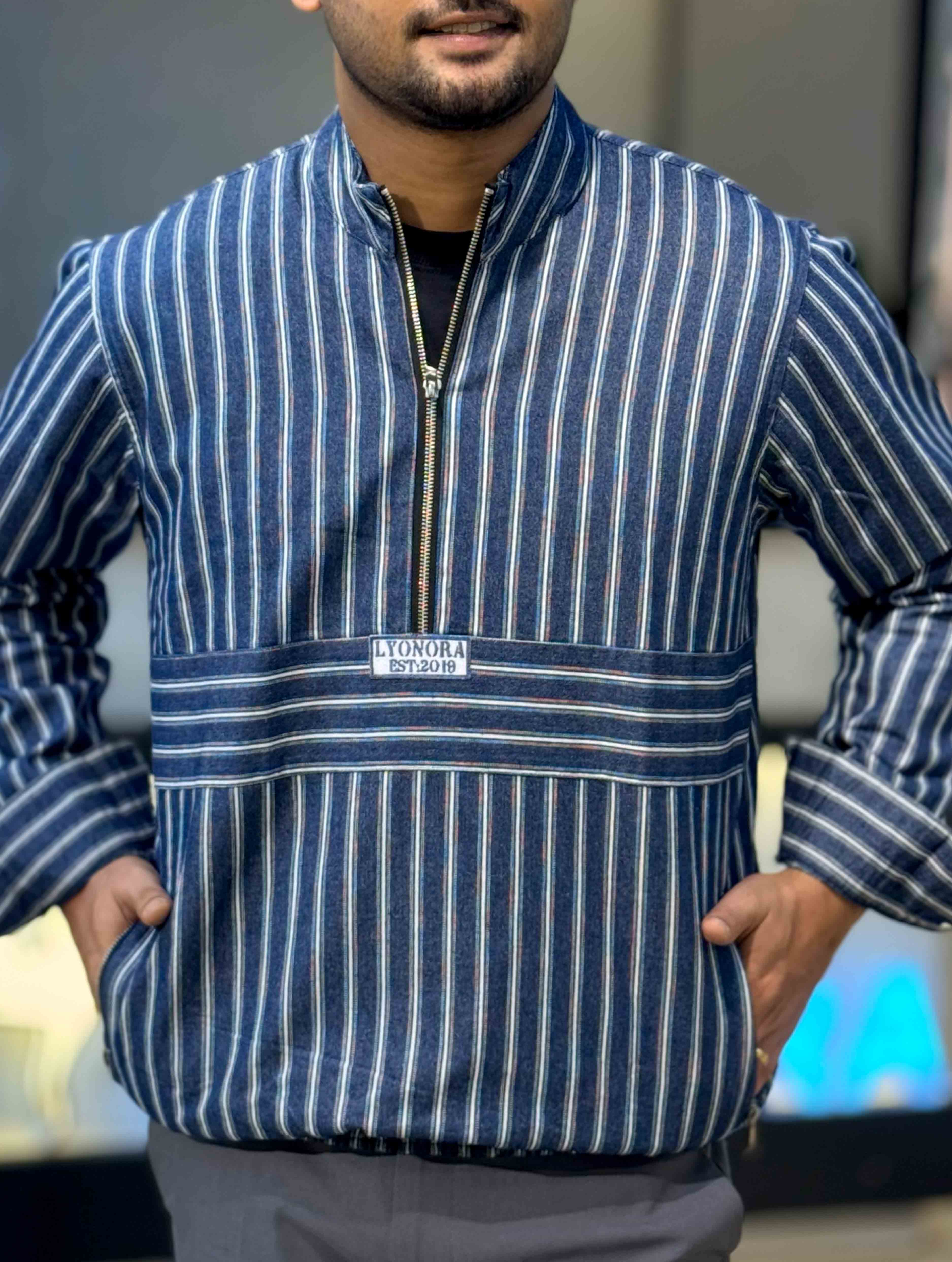 Blue white Thin stripe half zipper jacket