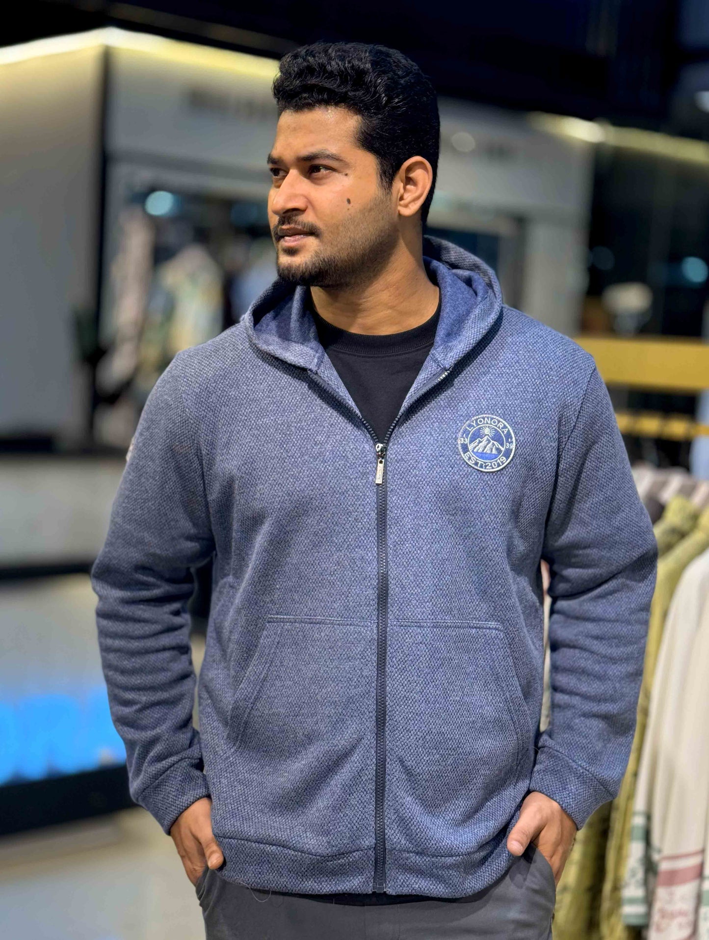 Steel Blue Jacquard Knit Zipper Hoodie