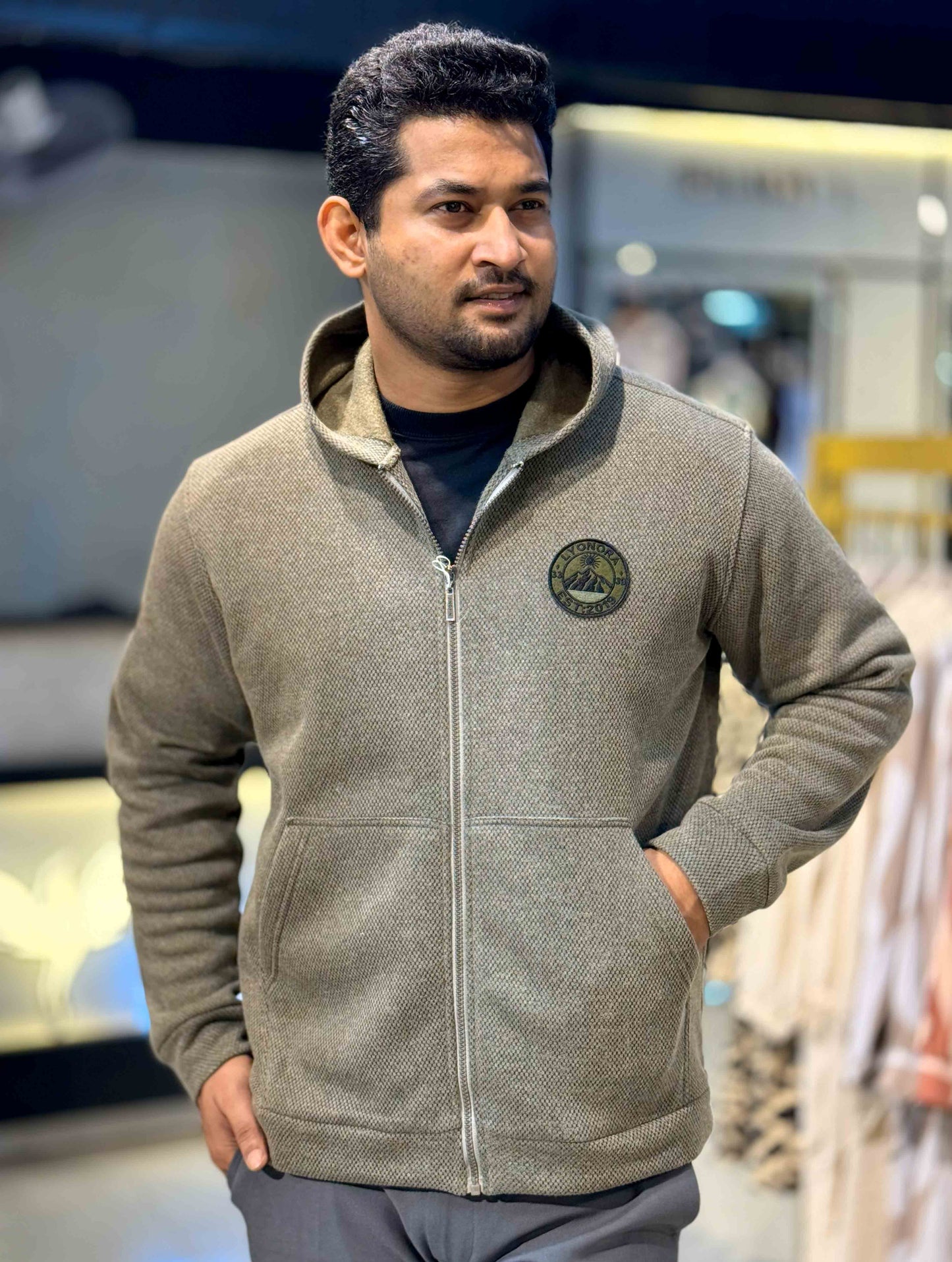 Faded Olive Jacquard Knit Zipper Hoodie