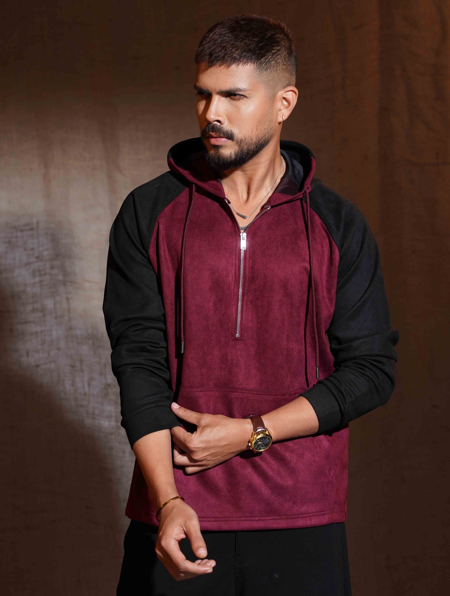 Valentine Red - Black Suede Leather Zipper Hoodie