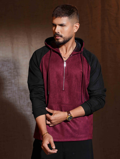 Valentine Red - Black Suede Leather Zipper Hoodie