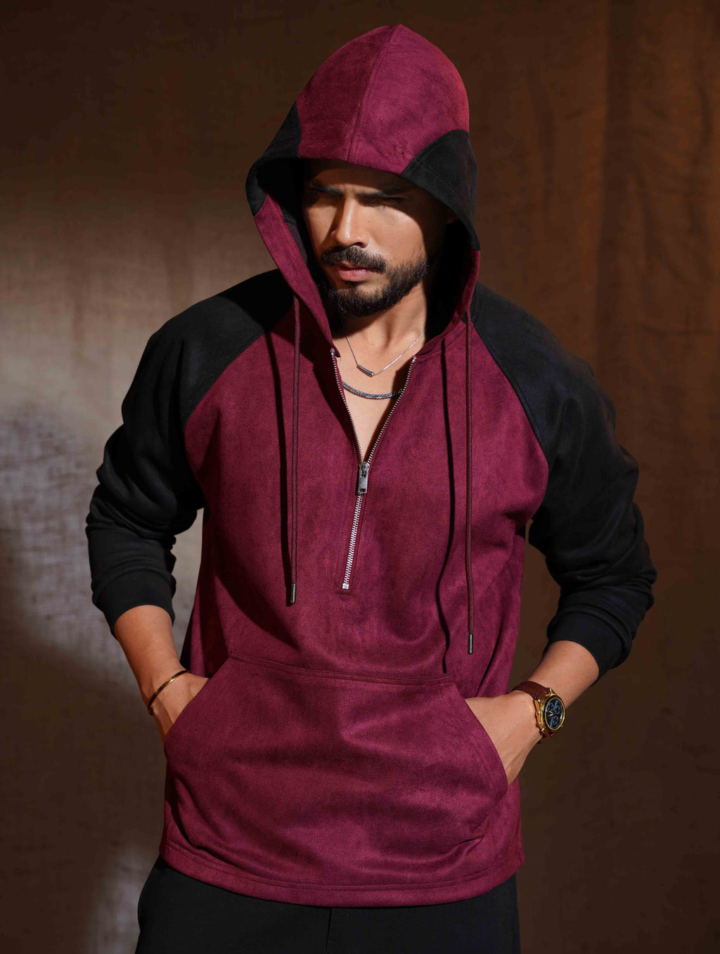 Valentine Red - Black Suede Leather Zipper Hoodie