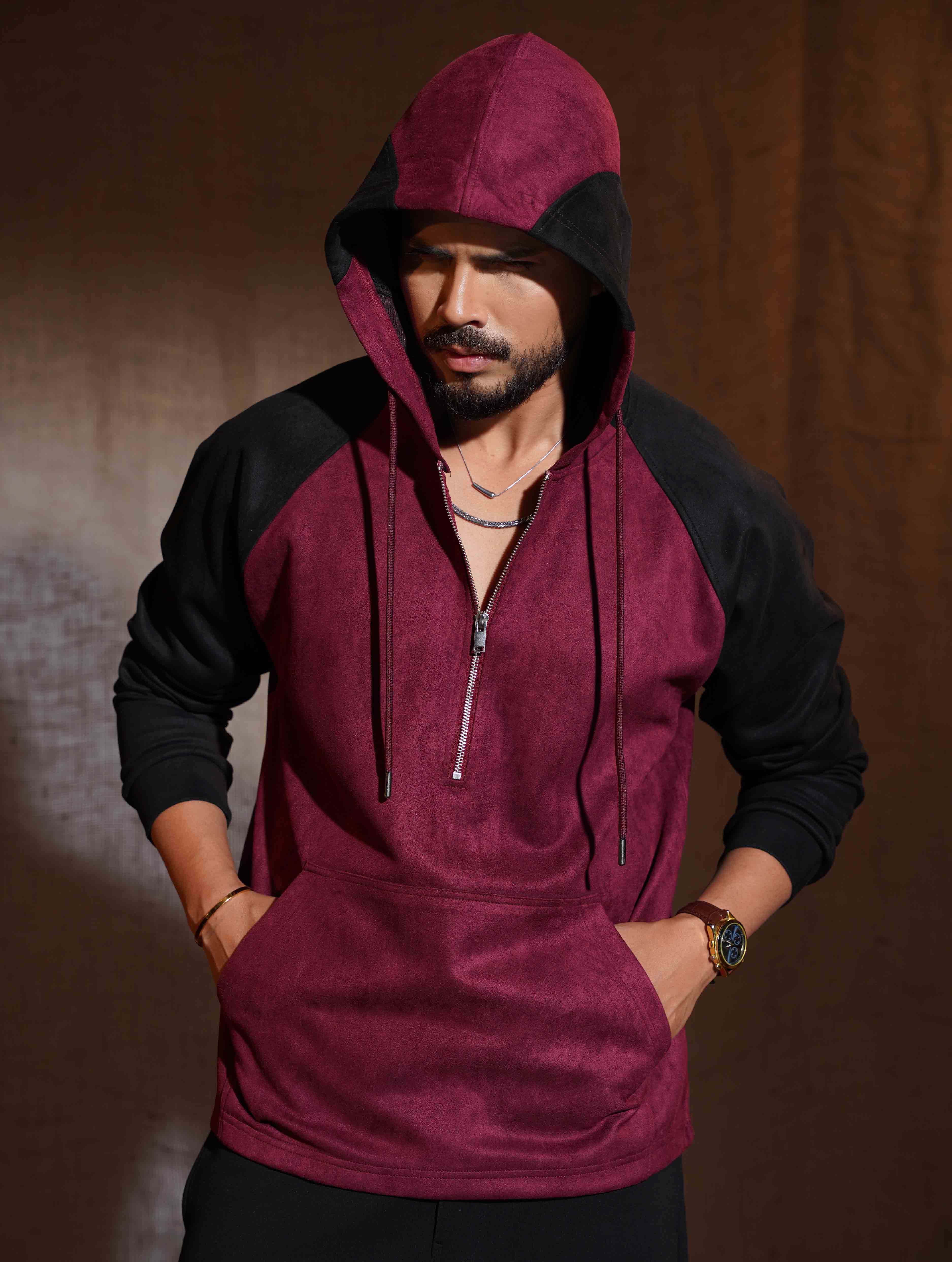 Valentine Red - Black Suede Leather Zipper Hoodie