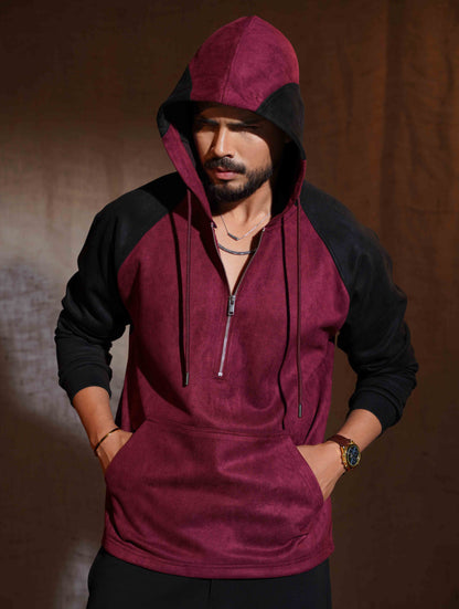 Valentine Red - Black Suede Leather Zipper Hoodie