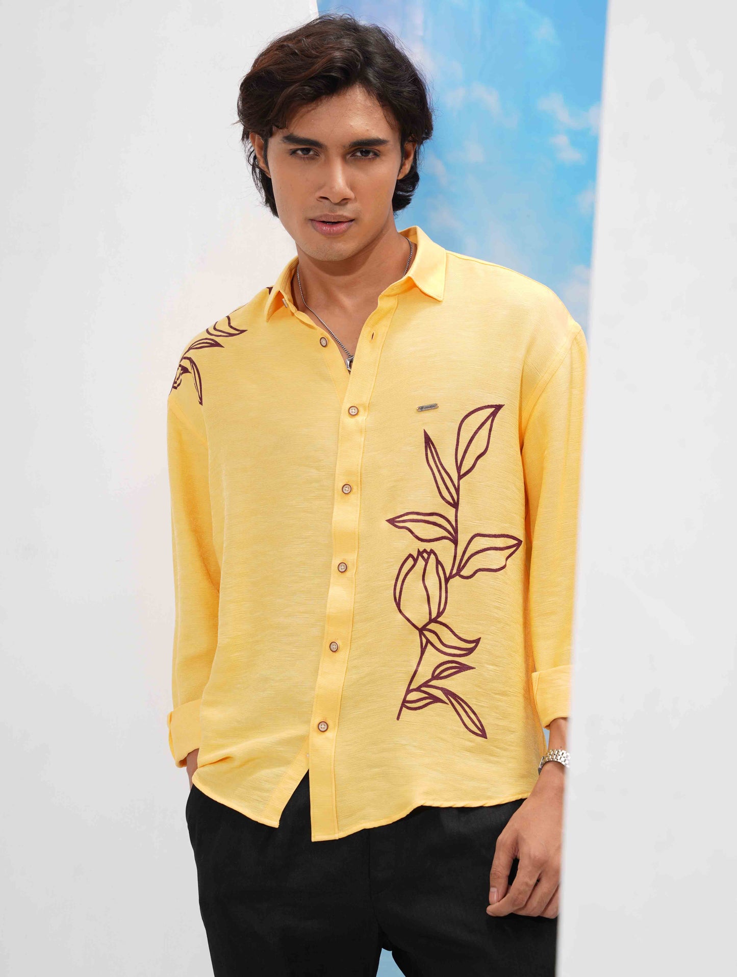 Yellow Maroon Flower print full Sleeve Shirt