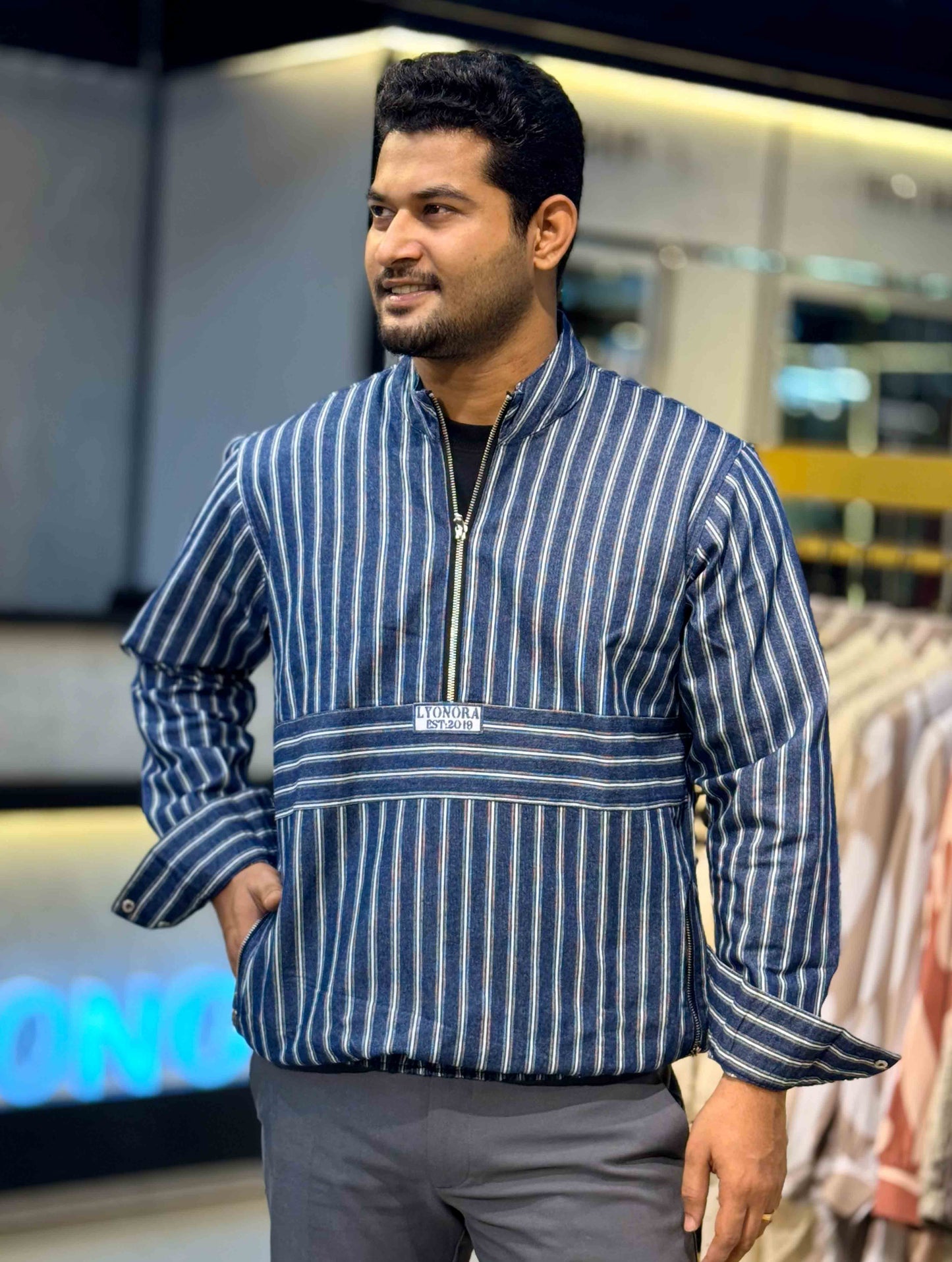 Blue white Thin stripe half zipper jacket