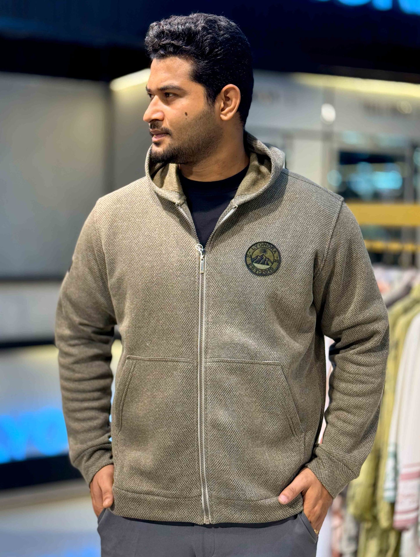 Faded Olive Jacquard Knit Zipper Hoodie