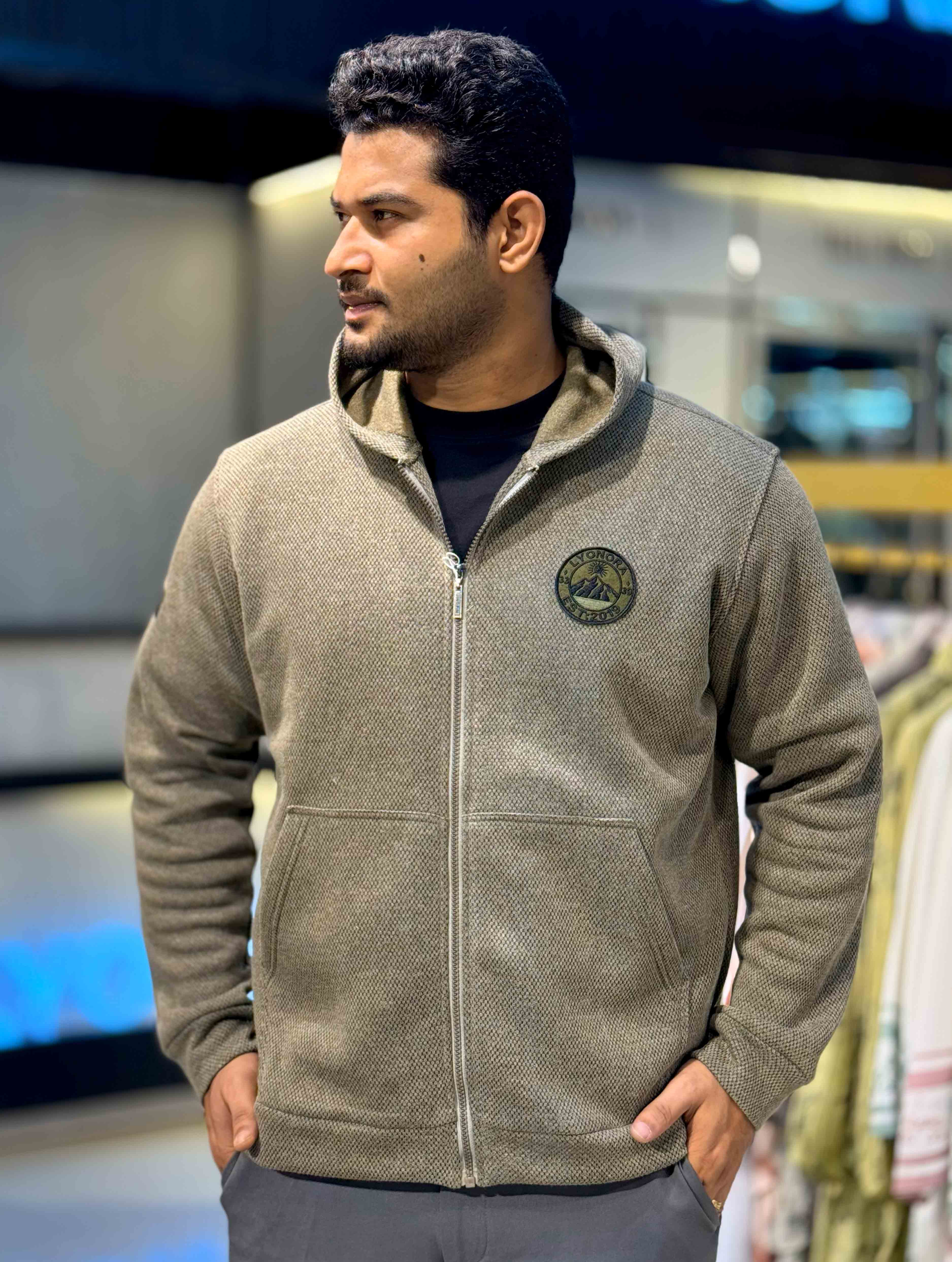 Faded Olive Jacquard Knit Zipper Hoodie