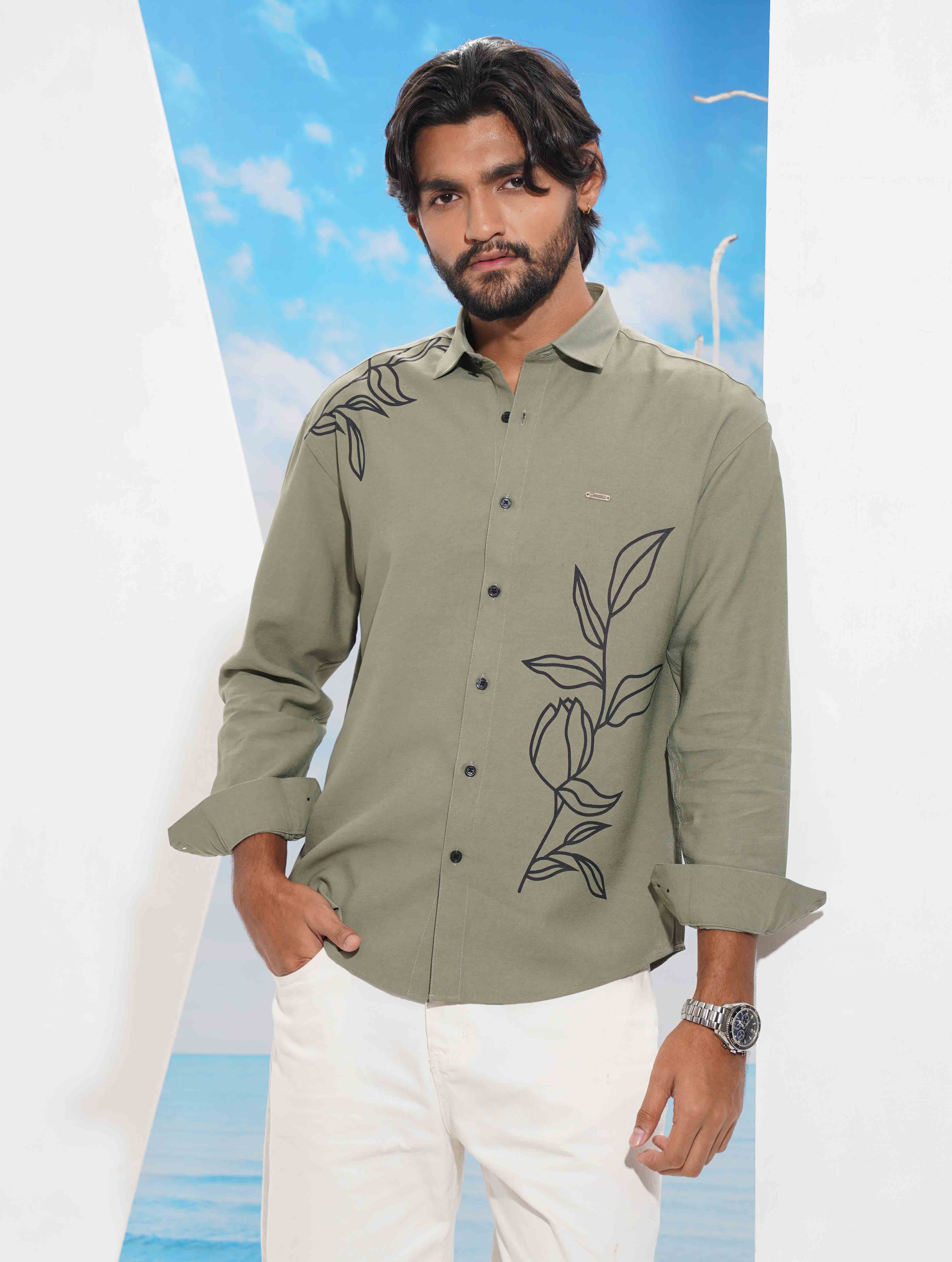 Olive Black Flower print full Sleeve Shirt