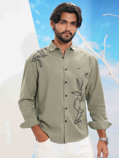 Olive Black Flower print full Sleeve Shirt