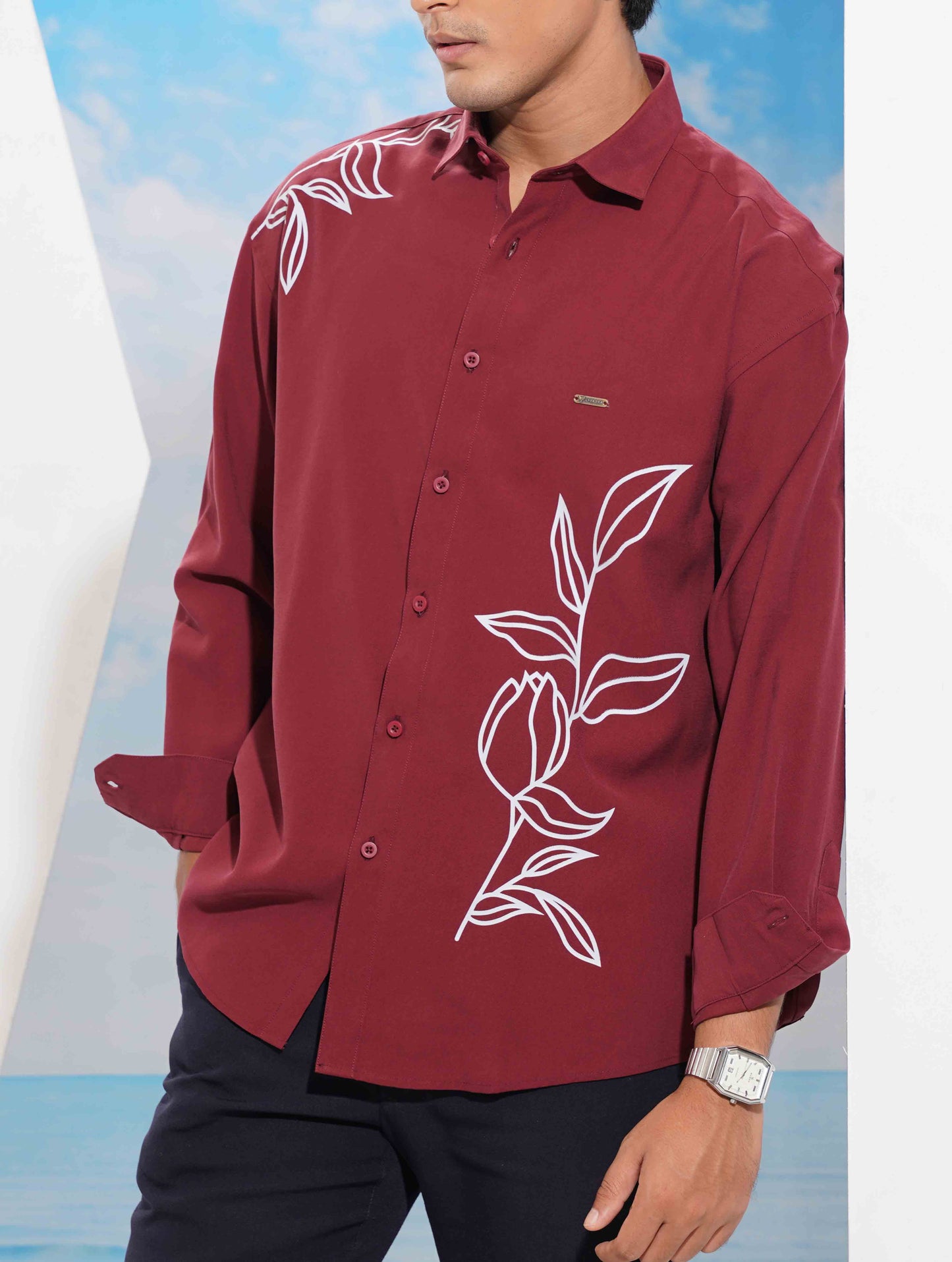 Maroon Ash Flower print full Sleeve Shirt