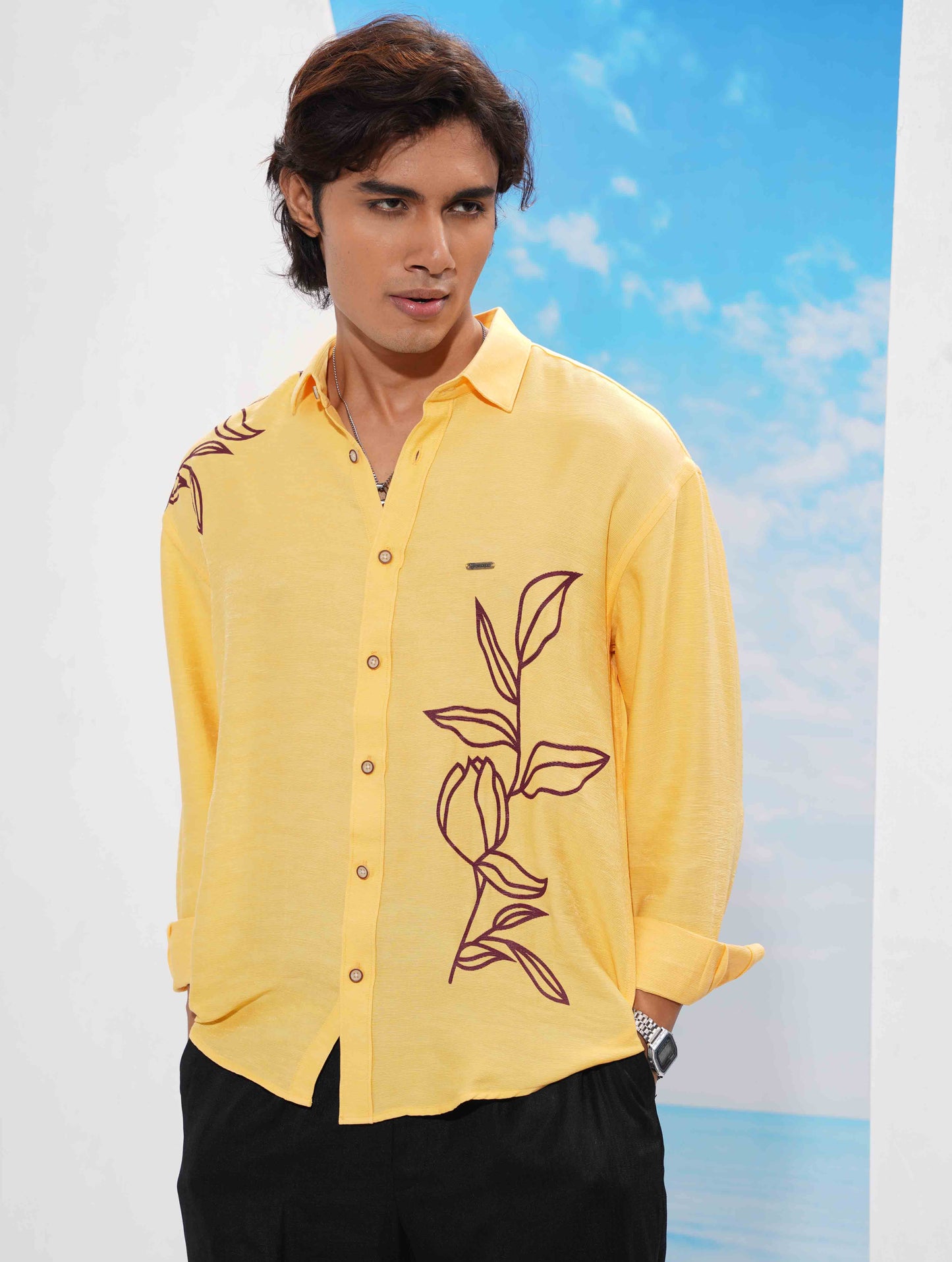 Yellow Maroon Flower print full Sleeve Shirt