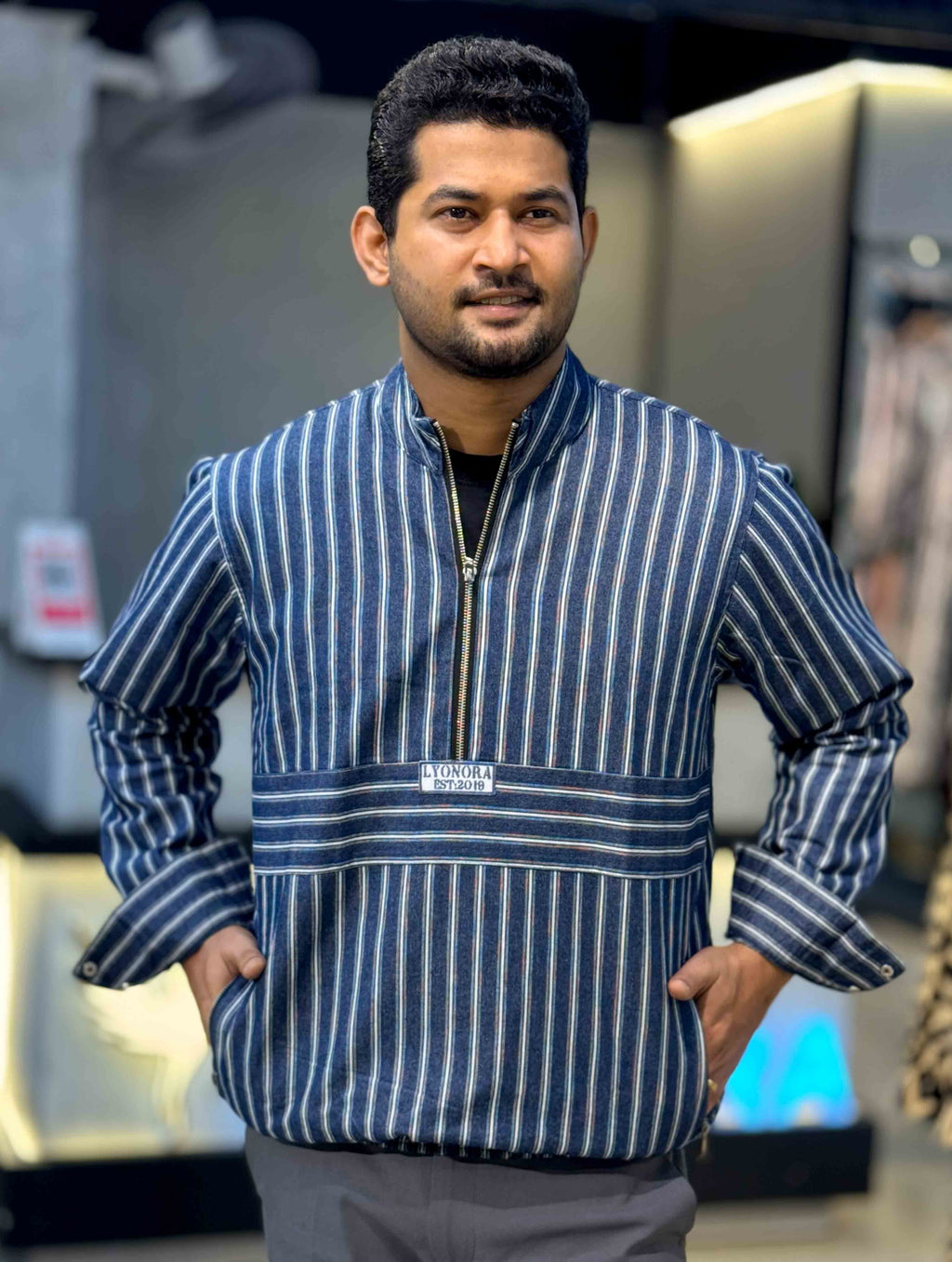 Blue white Thin stripe half zipper jacket