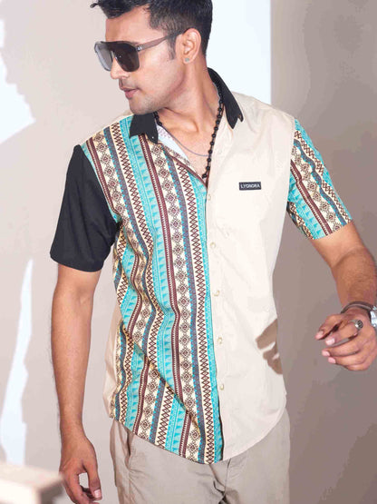 Sapphire color nakshi printed half contrast half sleeve shirt.