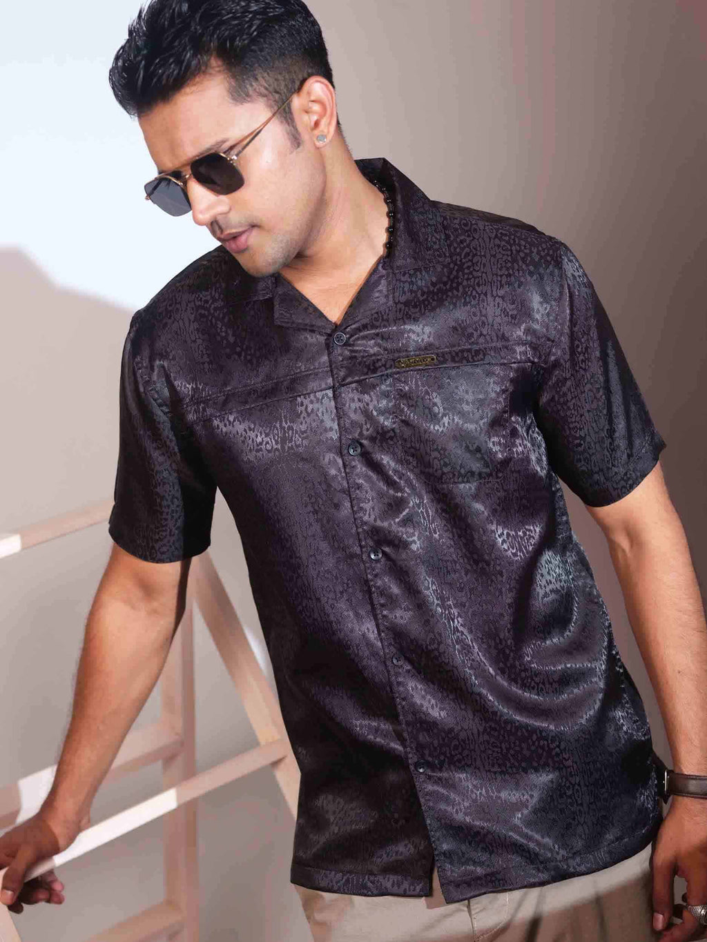 Black leopard printed synthetic havana shirt