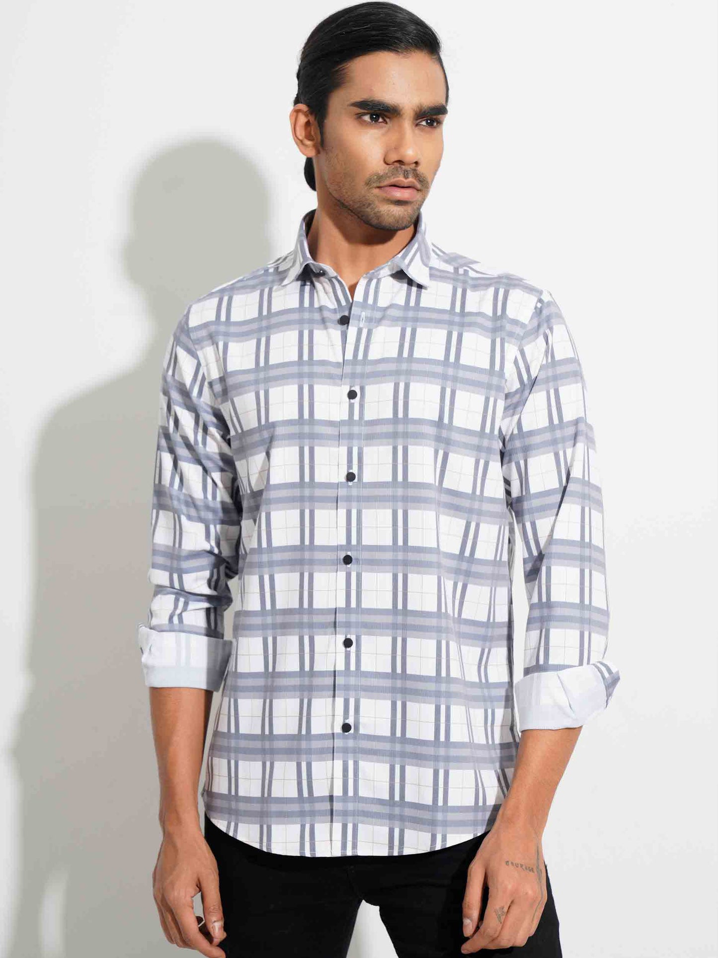 White-ash double stripped check viscos stretch full sleeve shirt