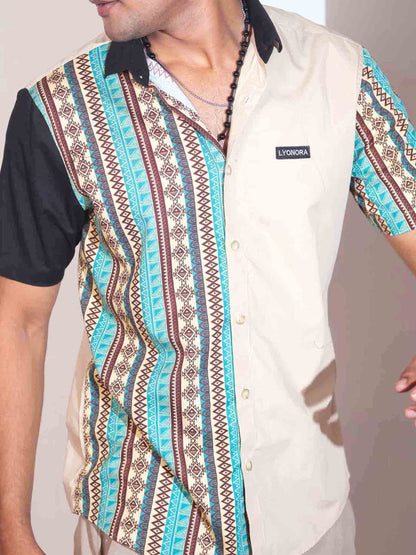 Sapphire color nakshi printed half contrast half sleeve shirt.