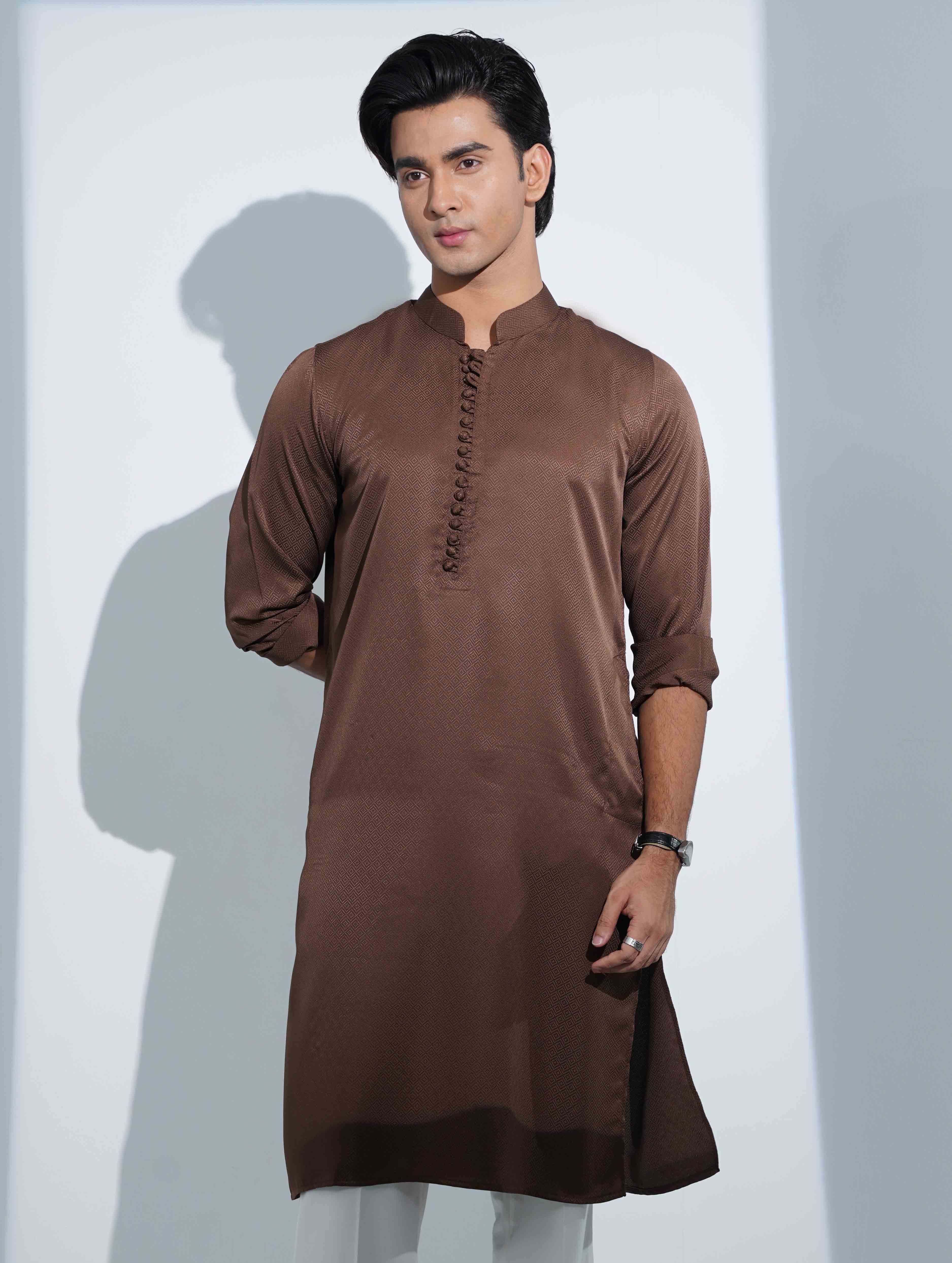 Caramel Brown Aesthetic Solid Studs Button Panjabi