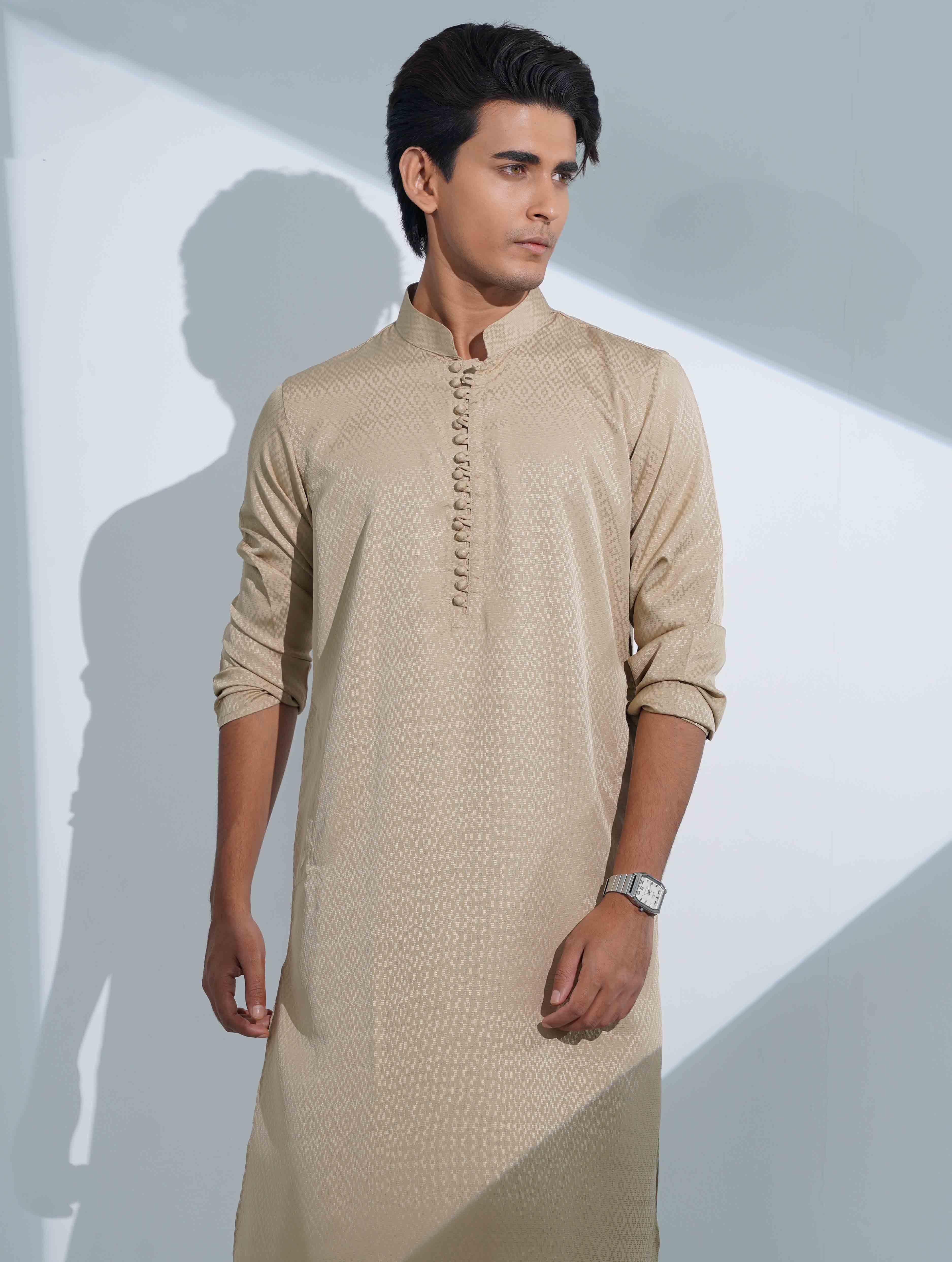 Beige Gold Aesthetic Solid Studs Button Panjabi
