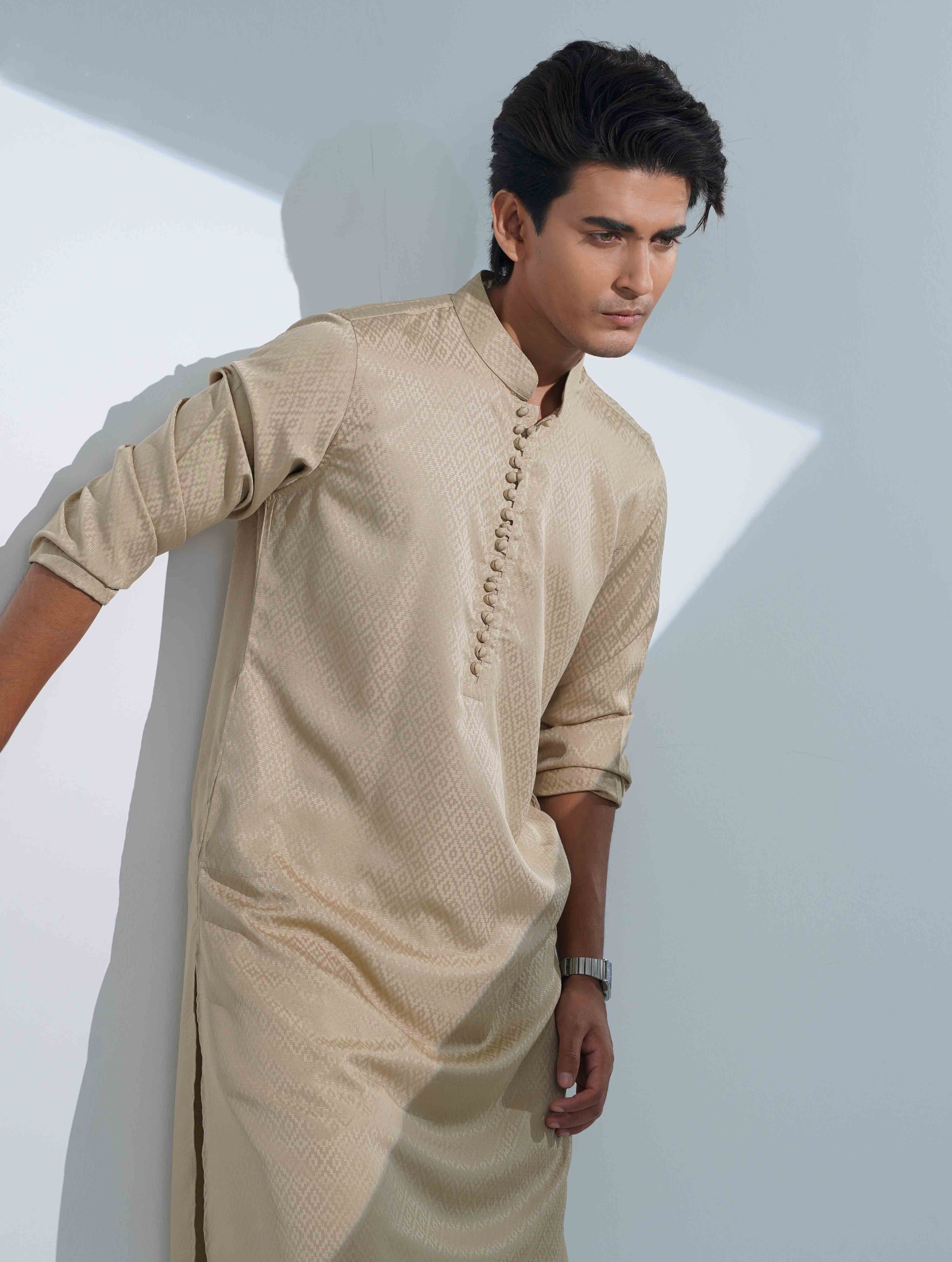 Beige Gold Aesthetic Solid Studs Button Panjabi