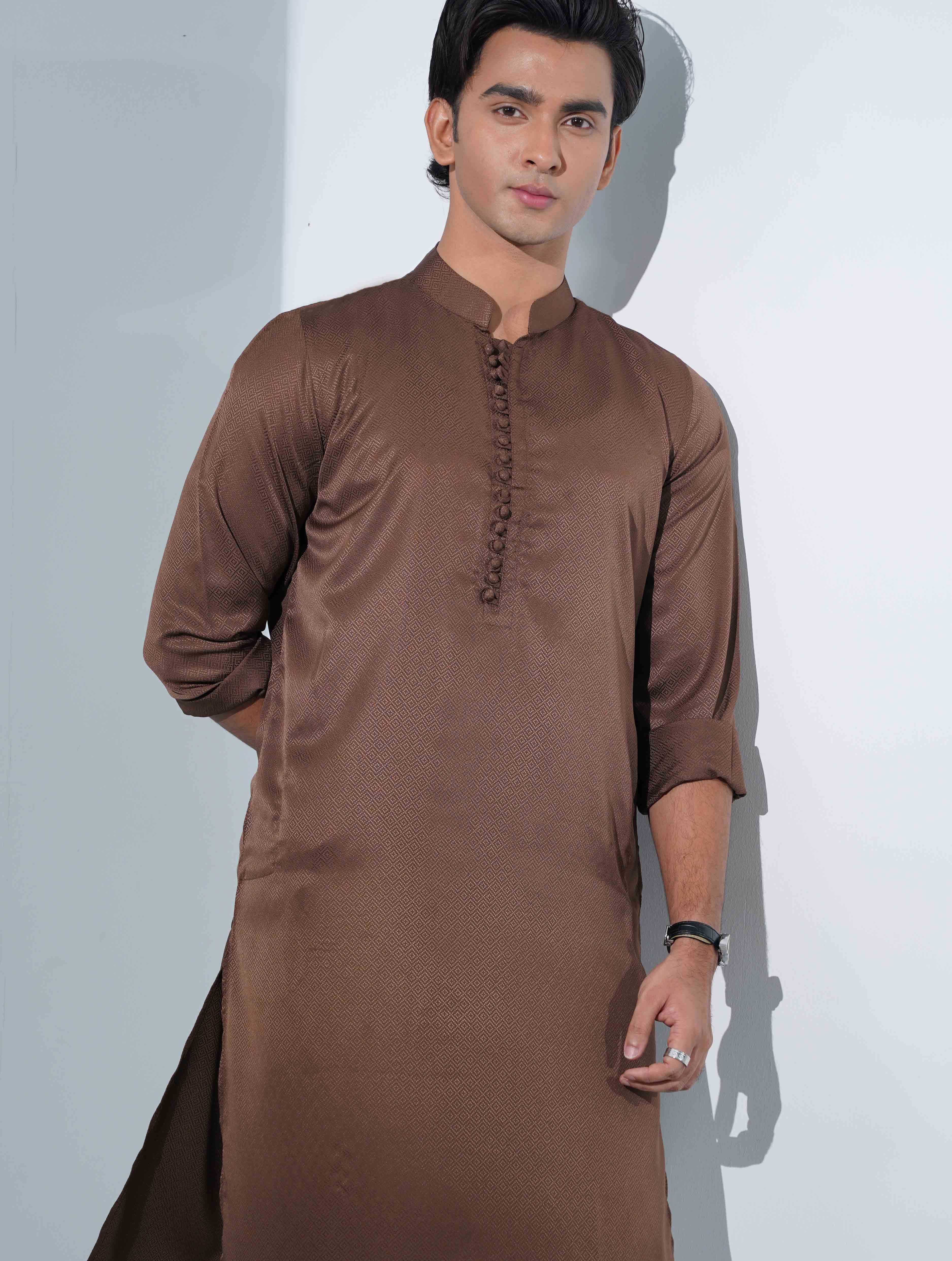 Caramel Brown Aesthetic Solid Studs Button Panjabi