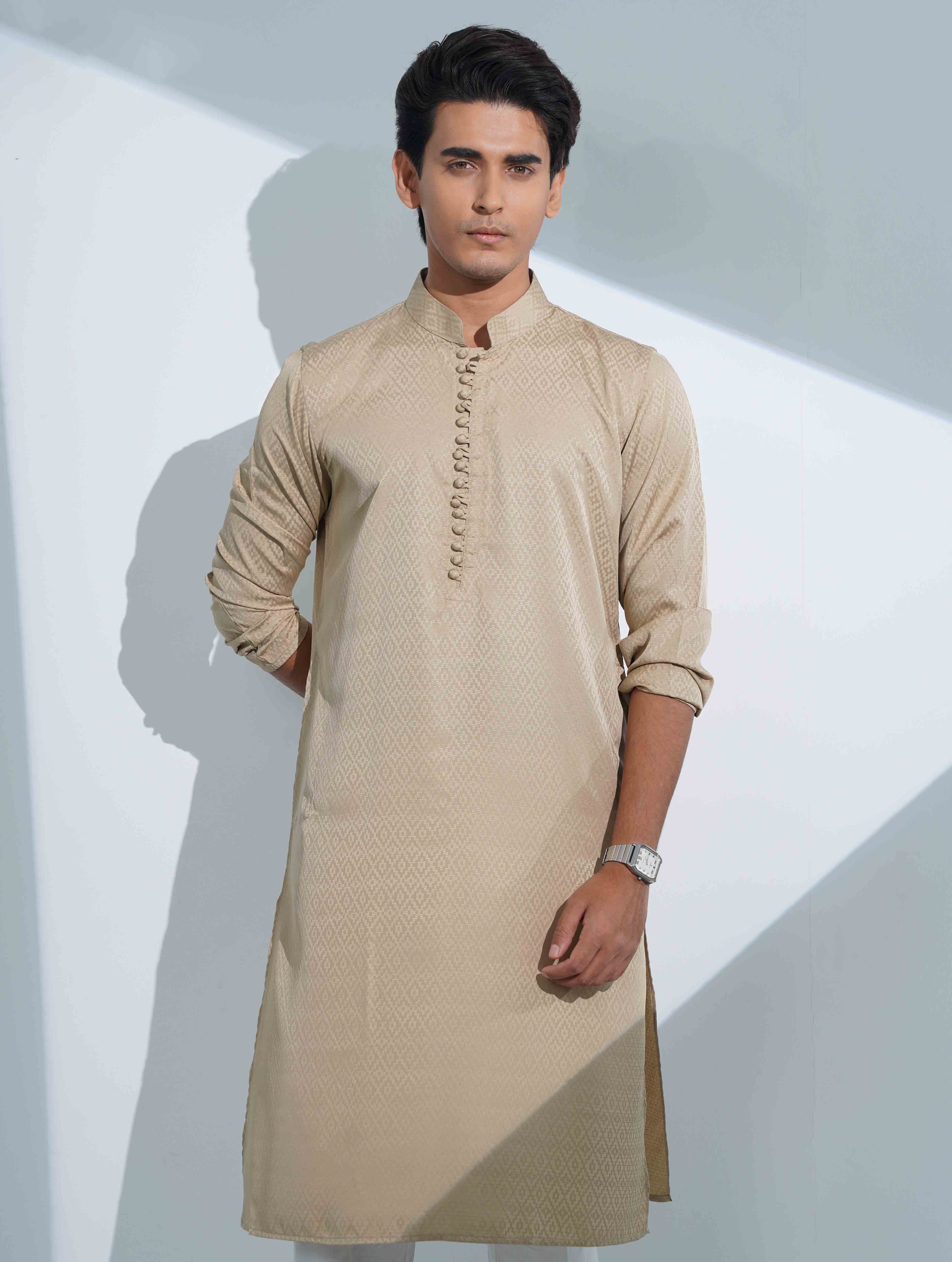 Beige Gold Aesthetic Solid Studs Button Panjabi