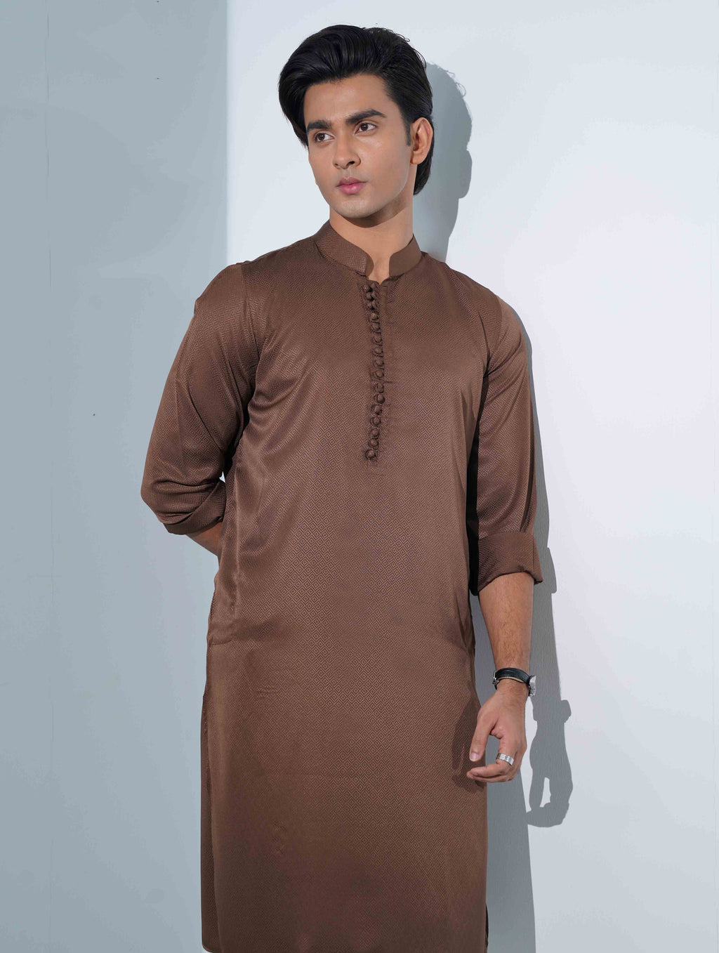 Caramel Brown Aesthetic Solid Studs Button Panjabi