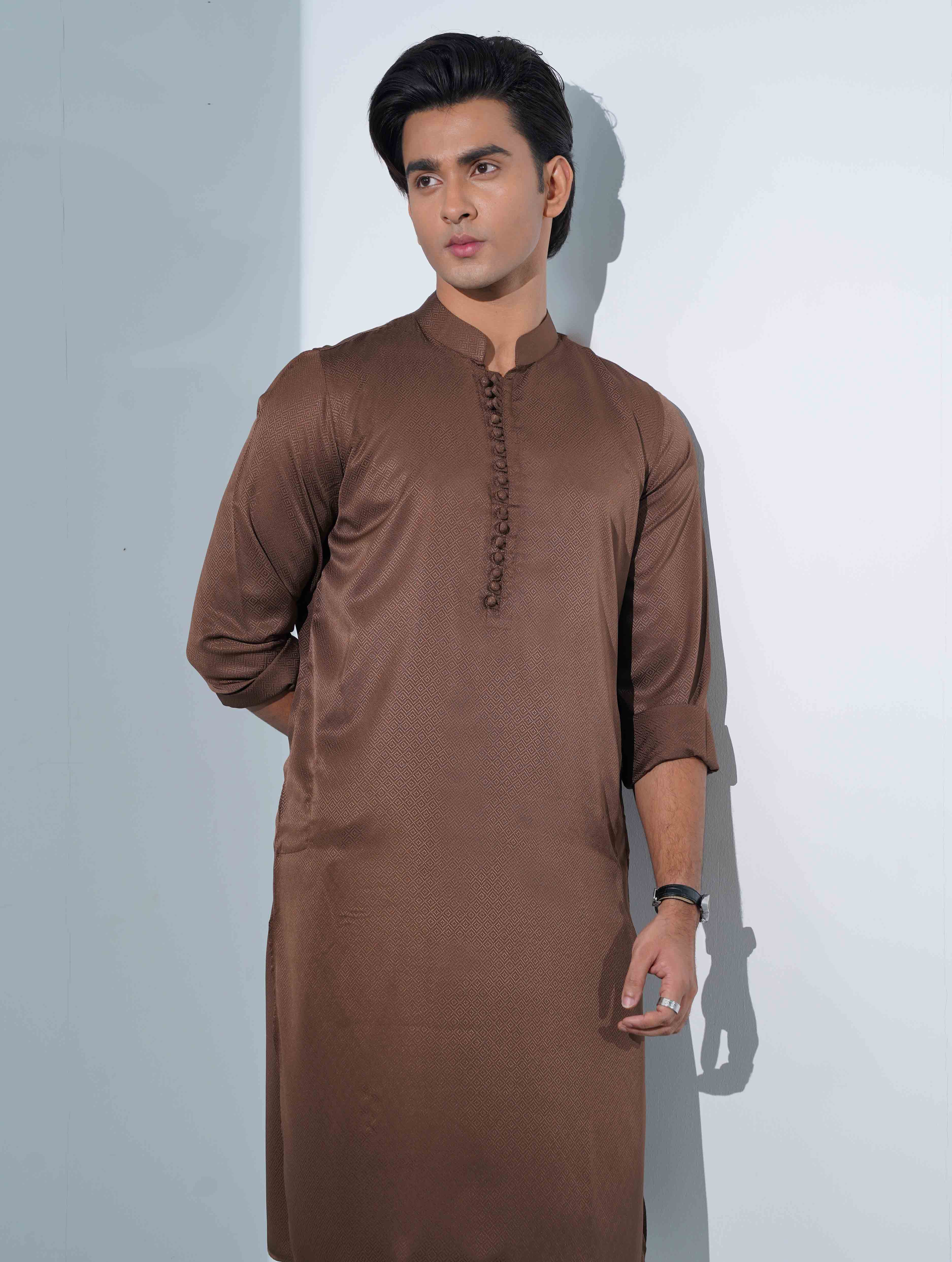 Caramel Brown Aesthetic Solid Studs Button Panjabi