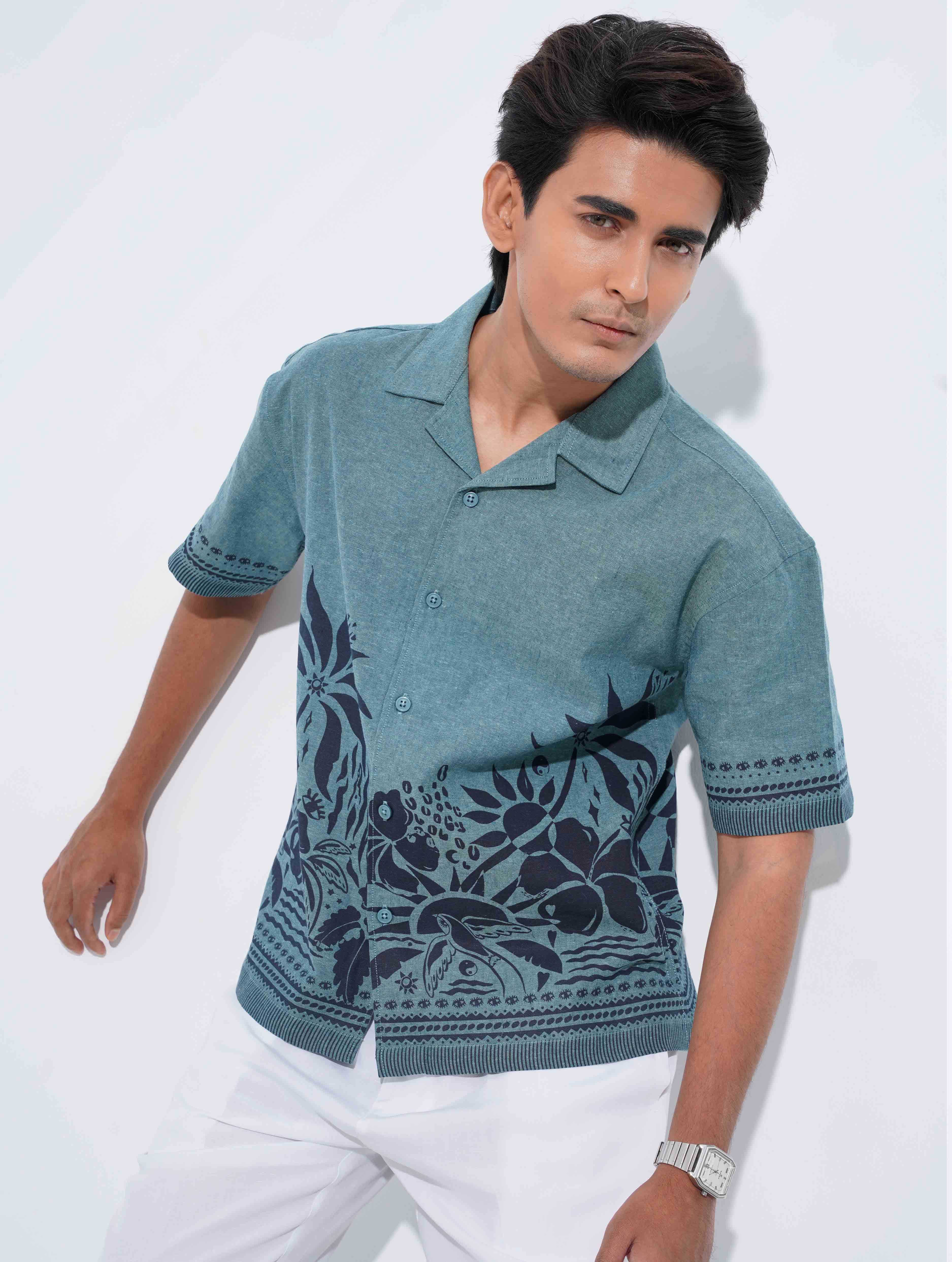 Teal - Black Coral Printed Havana Shirt
