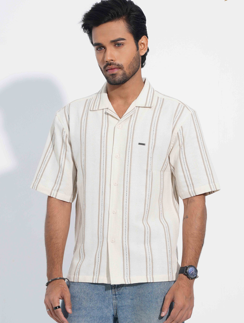 Cream Olive Stripe Remi Cotton Havana Shirt