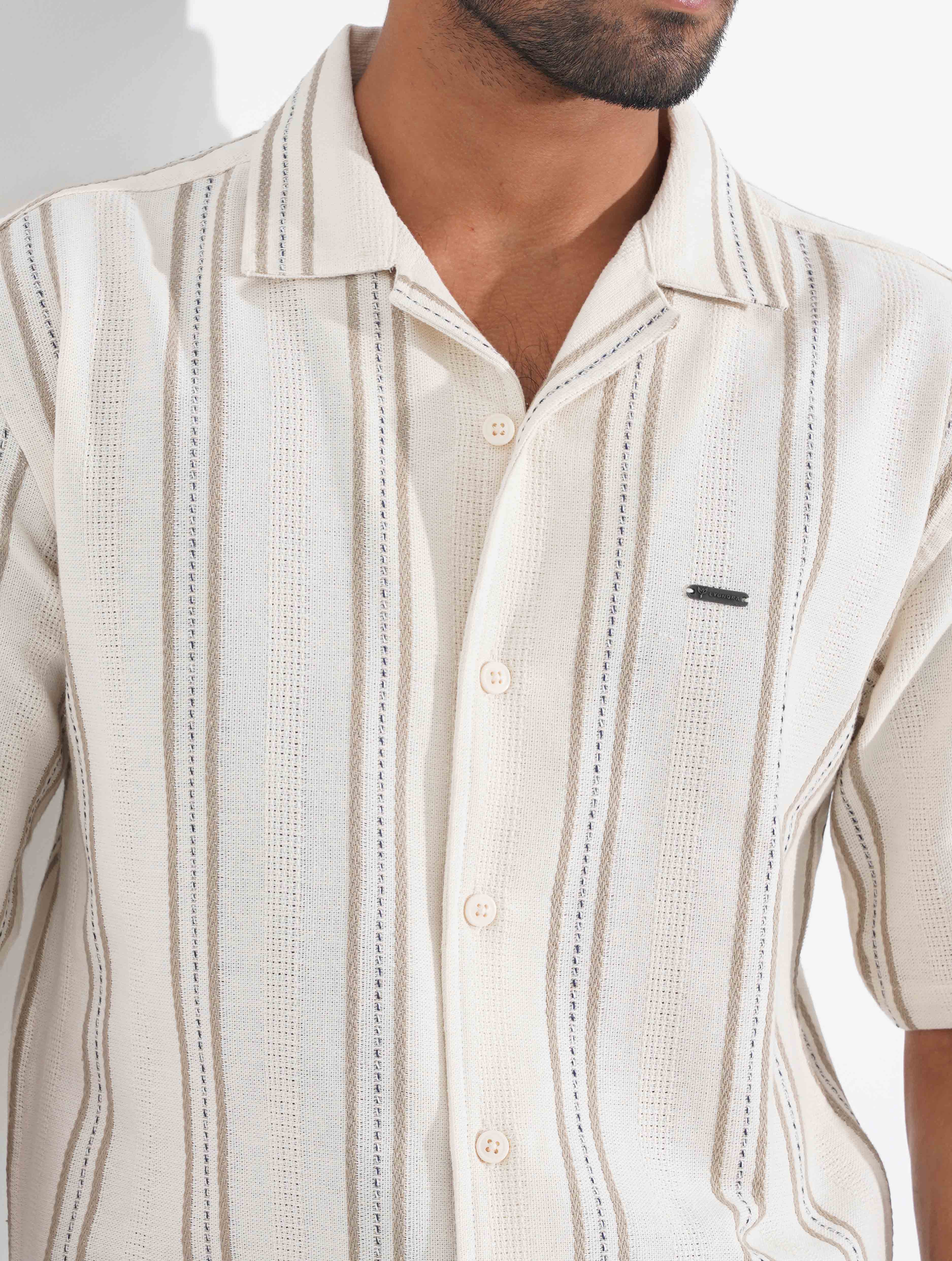 Cream Olive Stripe Remi Cotton Havana Shirt