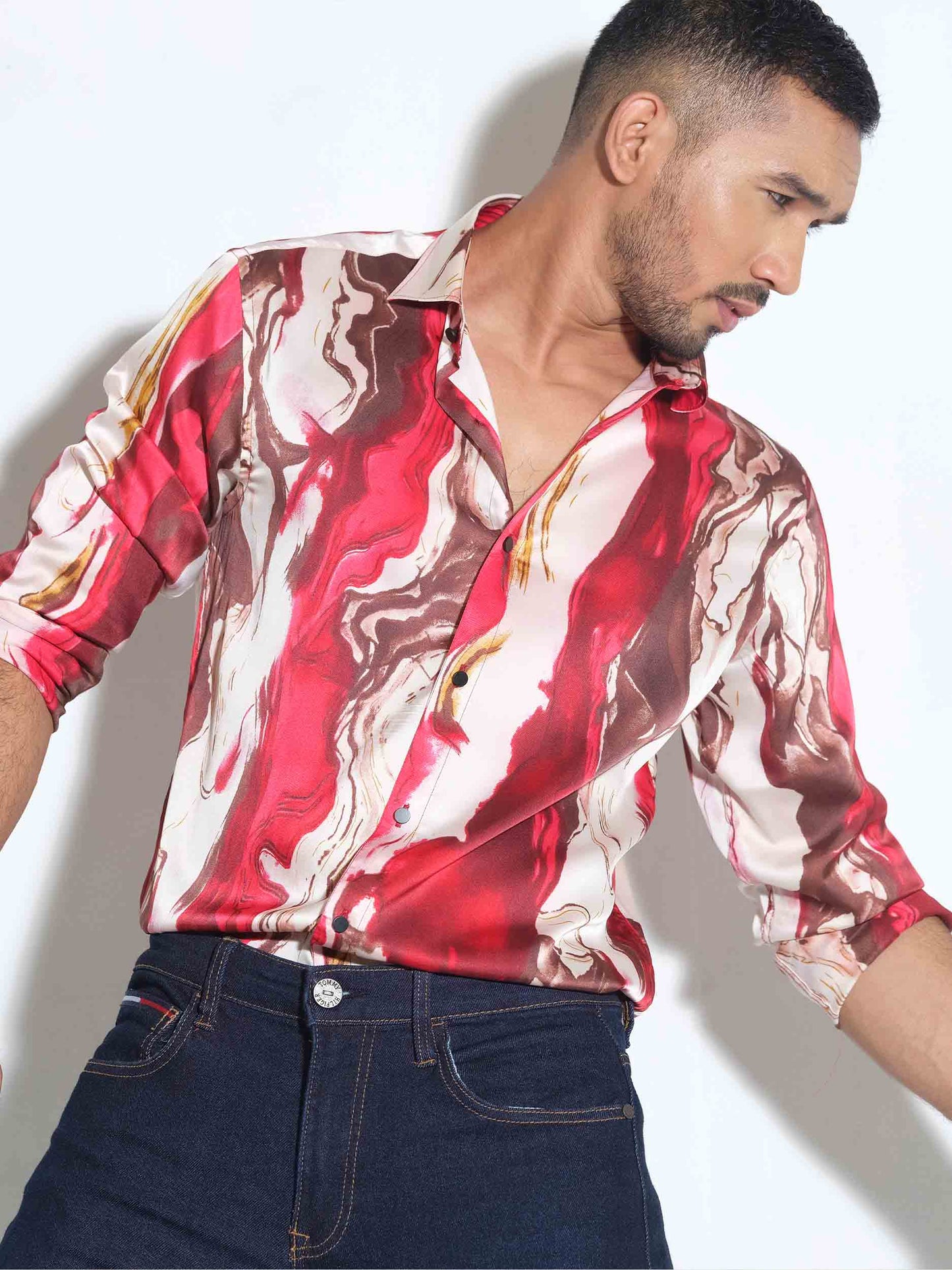 Red Ice cream printed royal silk full sleeve shirt